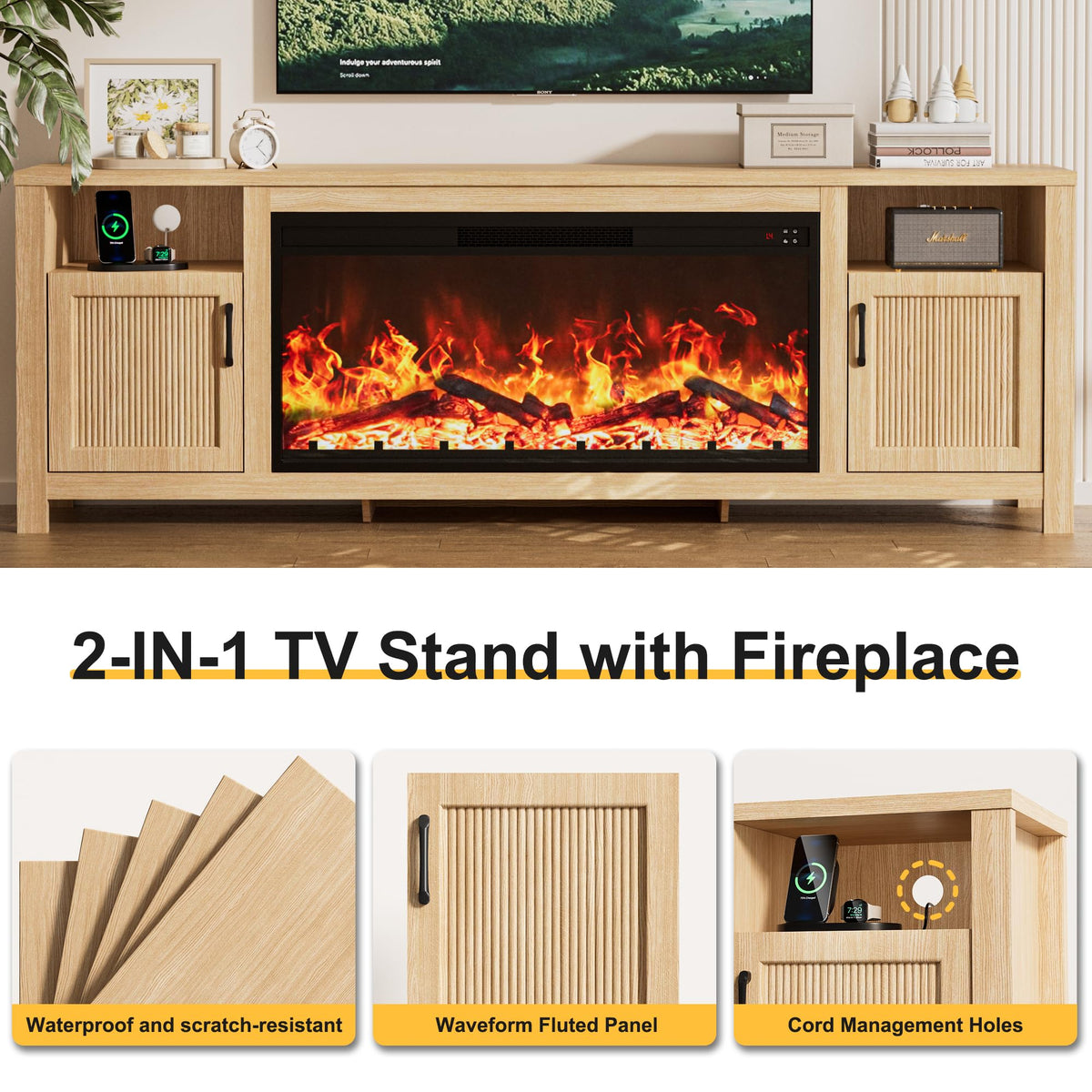71" Fluted Fireplace TV Stand with 38" Electric Fireplace for Television up to 80”, Entertainment Center, Media Console, Fire Place Mantel with Storage Cabinet for Living Room, Bedroom, Farmhouse