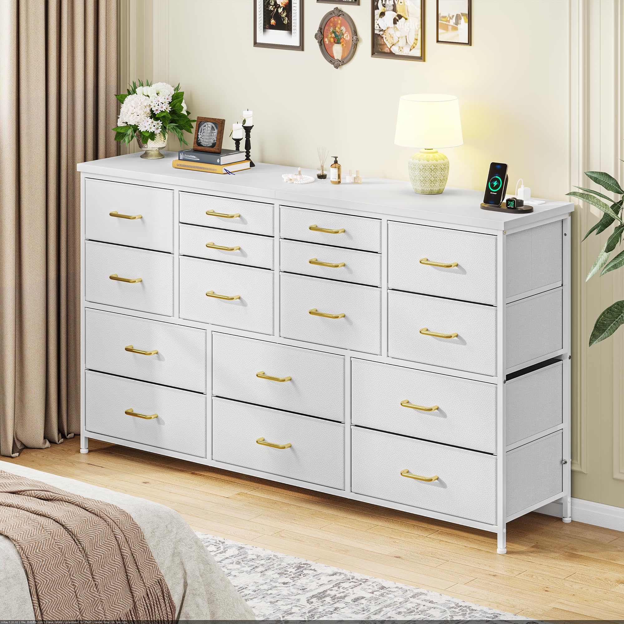 EnHomee Dressser for Bedroom Dresser with 16 Drawers TV Stand for Bedroom for 60" TV Long Dressers & Chests of Drawers Large Dresser with Charging Station, White