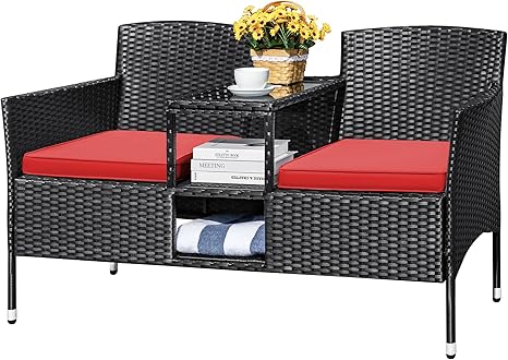 Outdoor Rattan Loveseat with Built-In Table