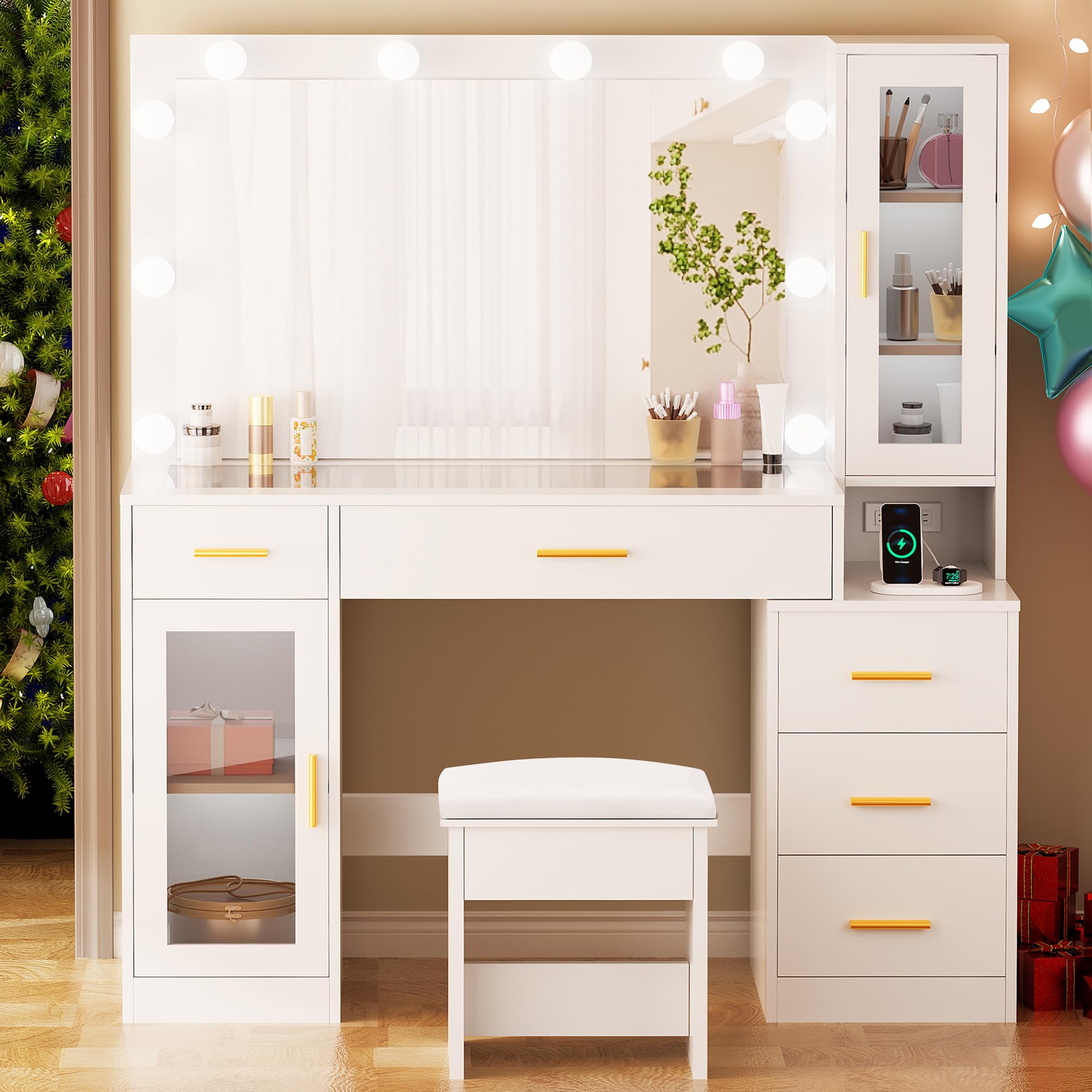 BEWISHOME 49.2" Large Vanity Desk with Mirror and Lights,White Makeup Vanity Table with Glass Top,Stool,Makeup Desk with Power Outlet,5 Drawers,Nightstand,Dressing Table for Bedroom Women FST34W