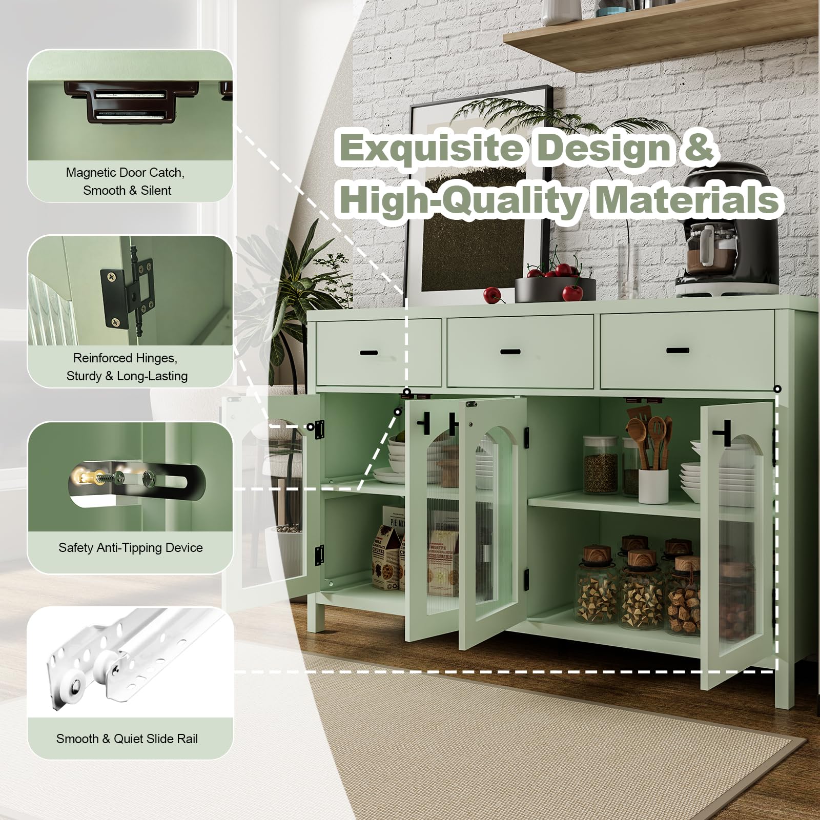 Chyanmoo 54.4" Sideboard Buffet Cabinet with Storage, Farmhouse Credenza with 3 Drawers & 4 Arched Fluted Glass Doors, Kitchen Coffee Bar for Dining Room, Living Room (Green)