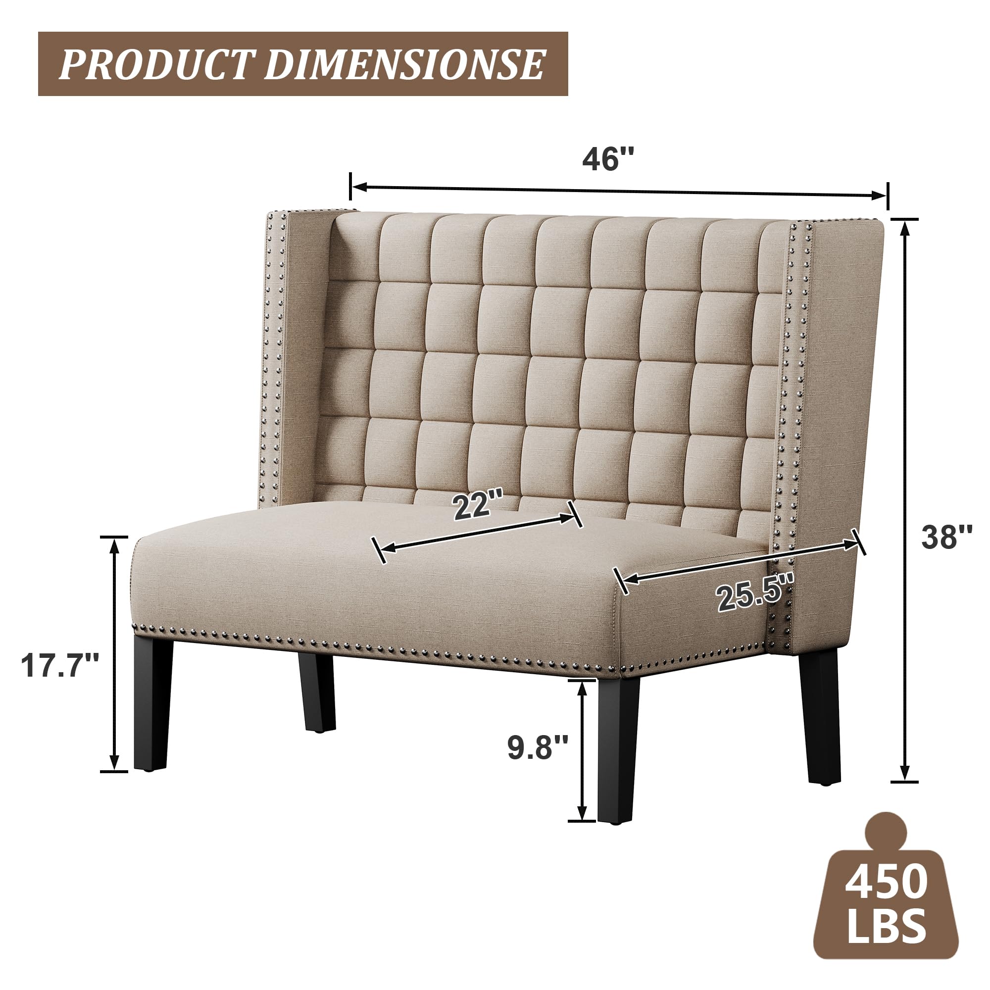Andeworld Modern Loveseat Settee Bench Sofa Couch, Upholstered Banquette Dining Bench with Back for Dining Living Room Hallway or Entryway Seating,Putty