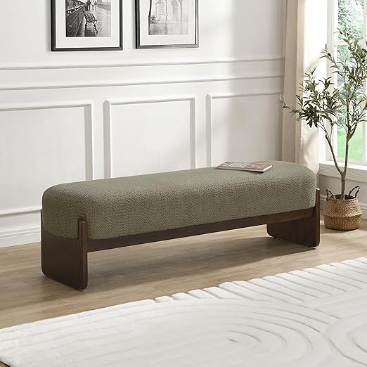 Rectangular Loop Yarn Ottoman Bench with Rubberwood Frame