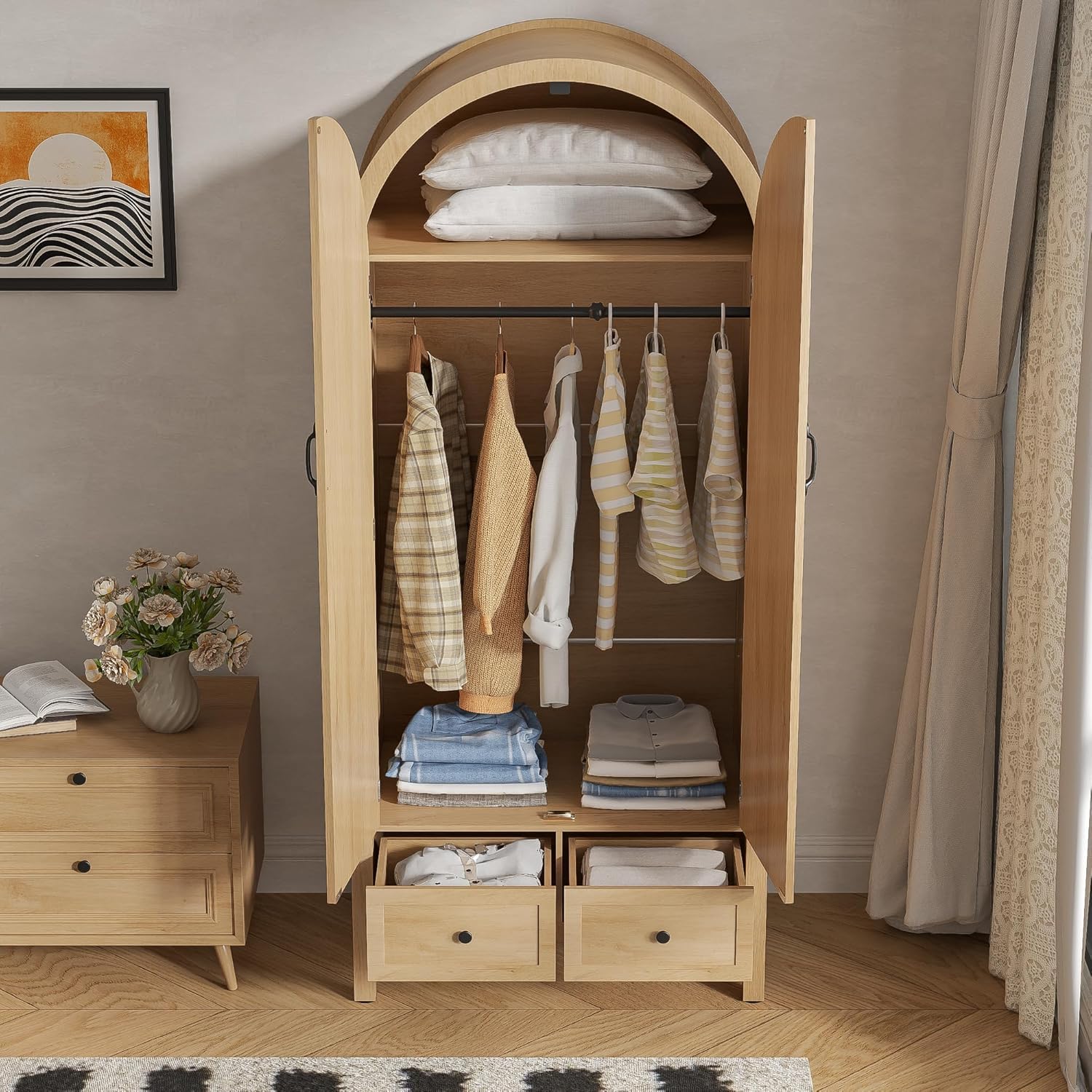 Lxsxlome Wardrobe Closet, Armoire Wardrobe Closet with Drawers and 2 Arched Fluted Doors, 70.87‘’ Tall Wooden Bedroom Armoires with Shelves and Hanging Rod (1, Wood Color)
