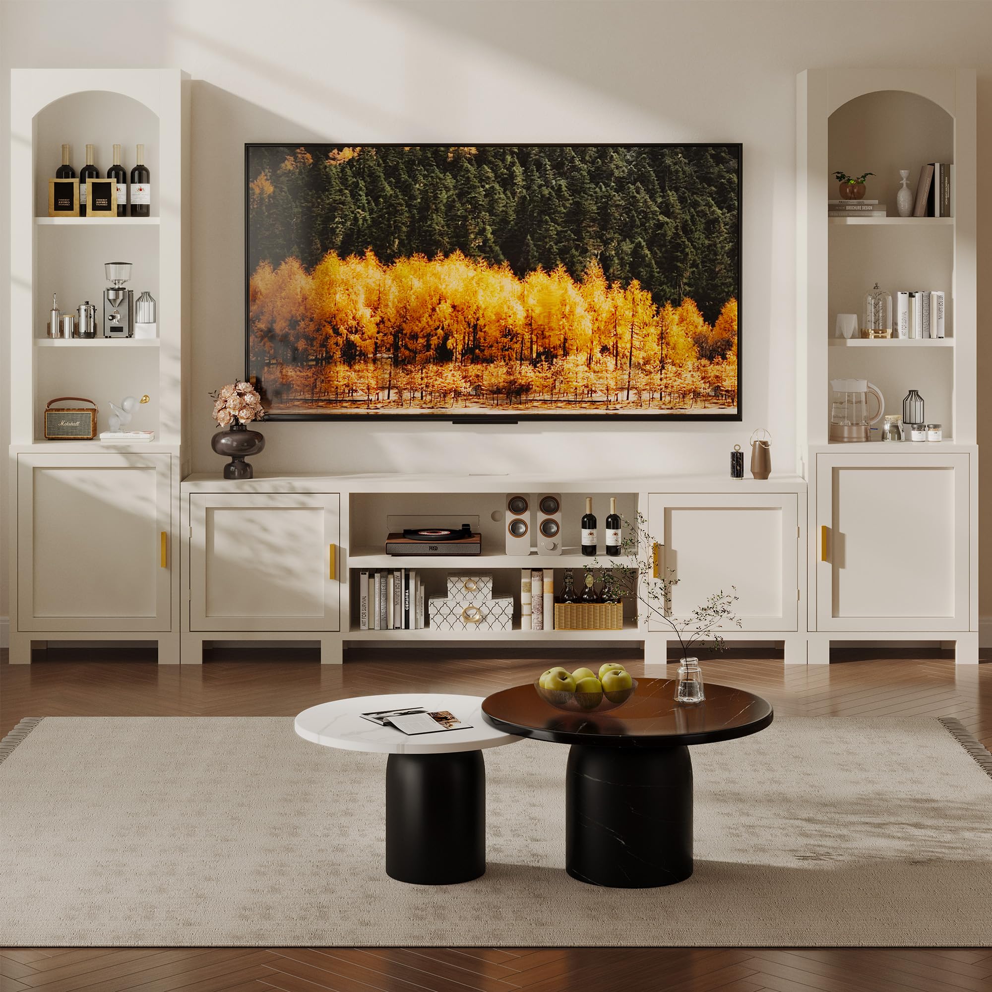 AwayHome 3-Piece Entertainment Center with Bookshelves for TVs up to 70", 94" W Large Wall Unit TV Stand with Power Outlets & Storage Cabinets, Modern White Media Console for Living Room, Bedroom