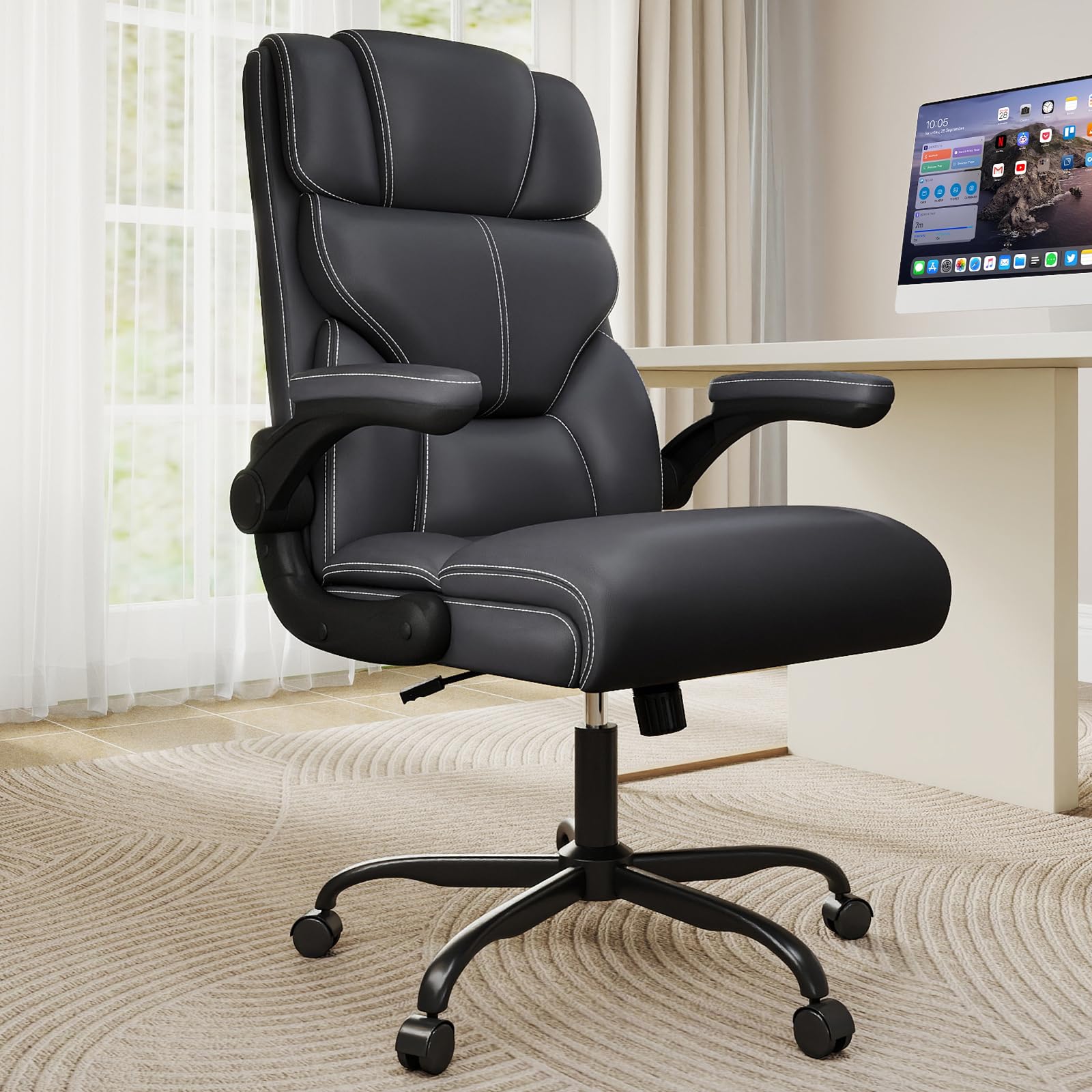 Mid-High Back Leather Office Chair with Flip-Up Armrests