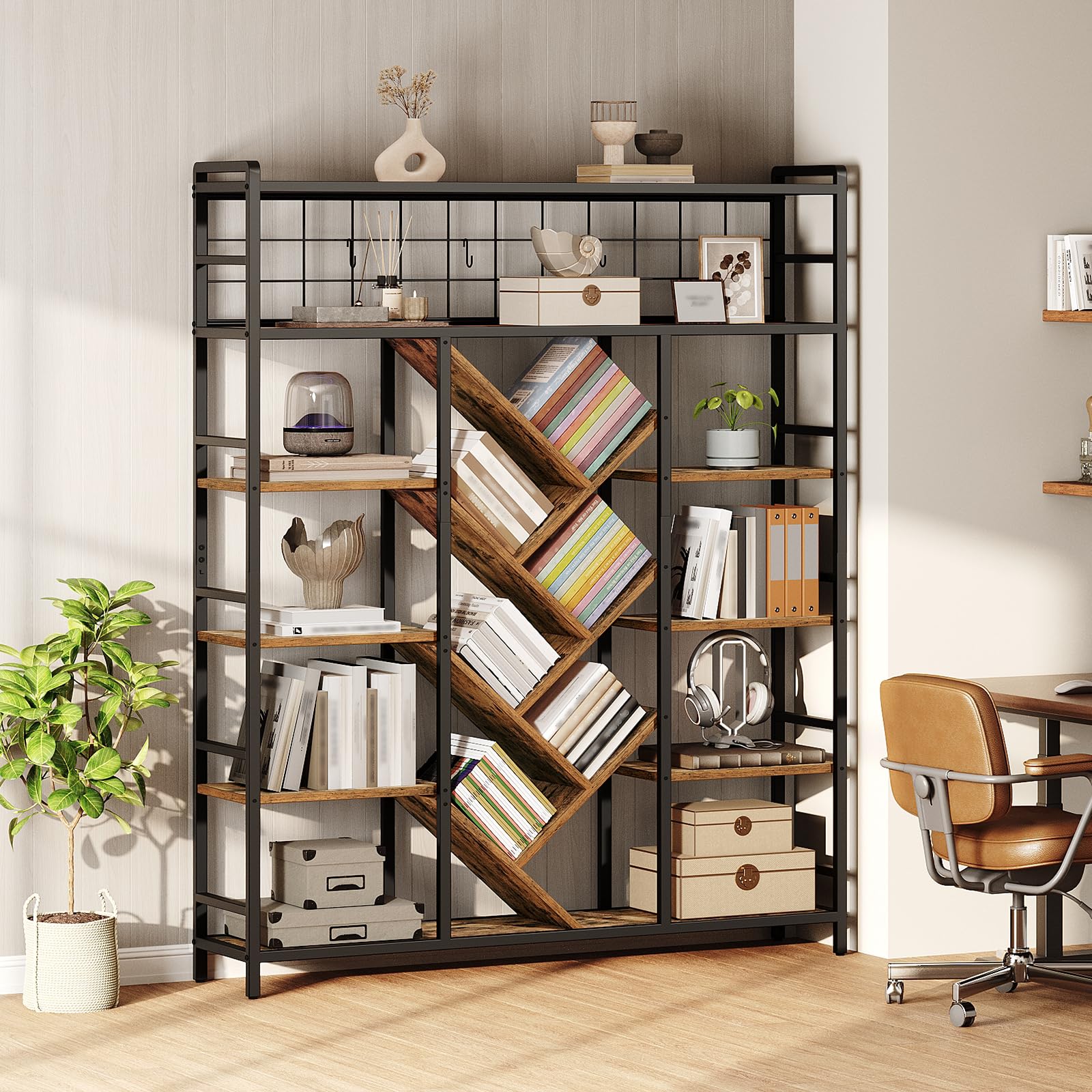 RALGEND Triple 6-Tier Bookshelf, Industrial Large Bookcase with 18 Open Display Shelves, Modern Tree Bookcase with Metal Frame and Hanging Function for Living Room, Home Office, Rustic Brown and Black