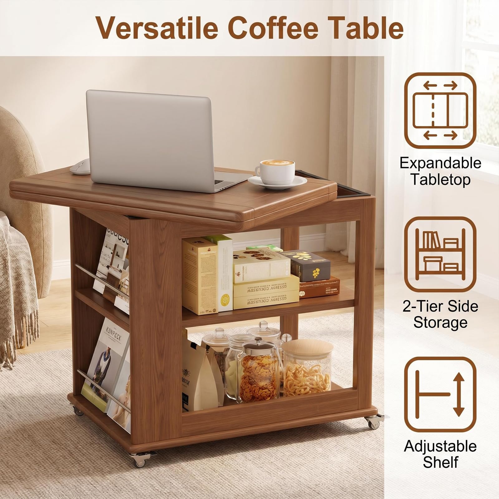 YQJJGL Expandable Coffee Table with Hidden Storage and Wheels, Convertible Wood Center Table with 2-Tier Adjustable Shelves, Rolling Coffee Table for Living Room, Small Spaces, Walnut
