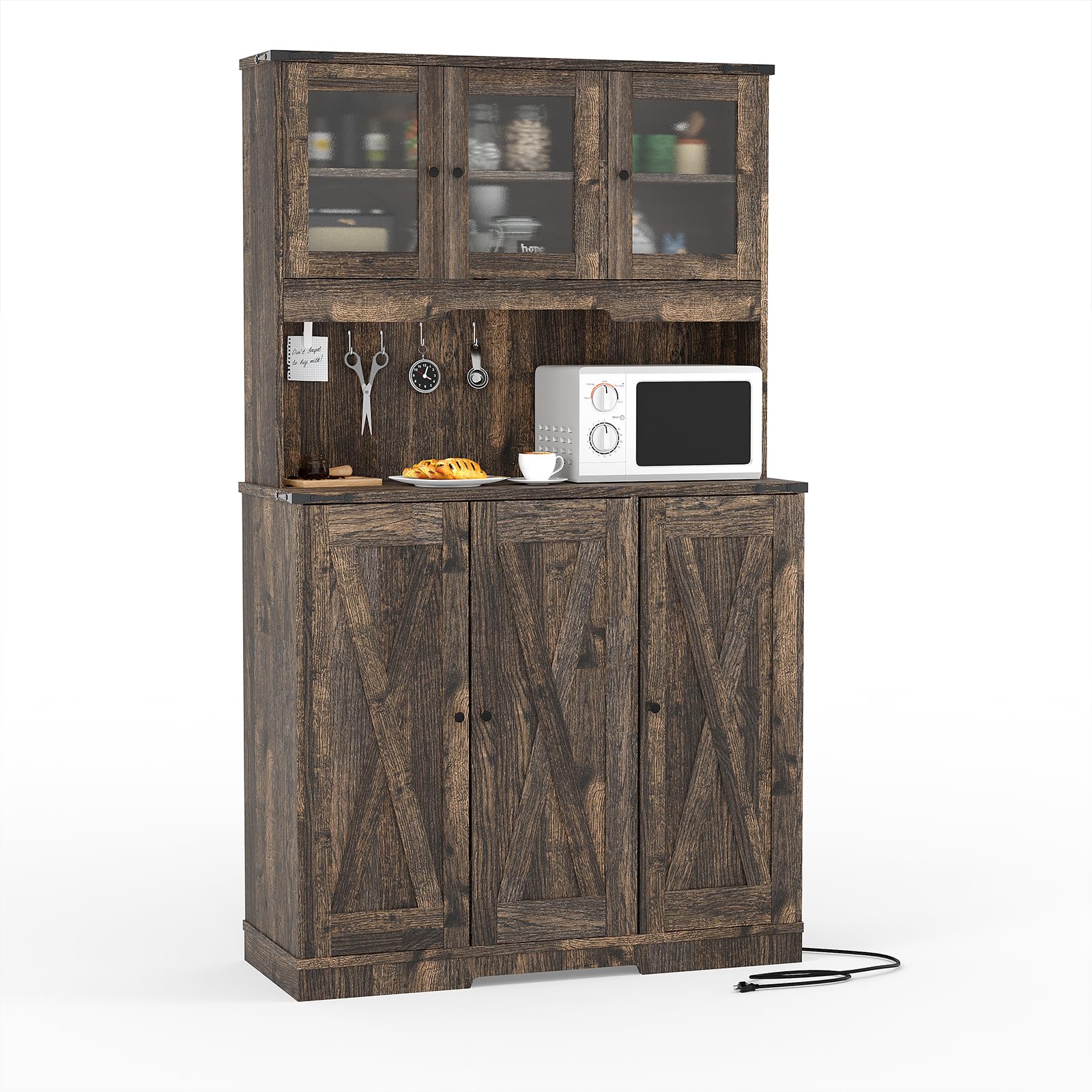 Garvee Rustic Brown Kitchen Pantry Cabinet with Charging Station, Farmhouse Freestanding Kitchen Hutch Cupboard Storage Cabinet with Countertop for Living Room 15.2 in d× 40.35 in w× 70 in h