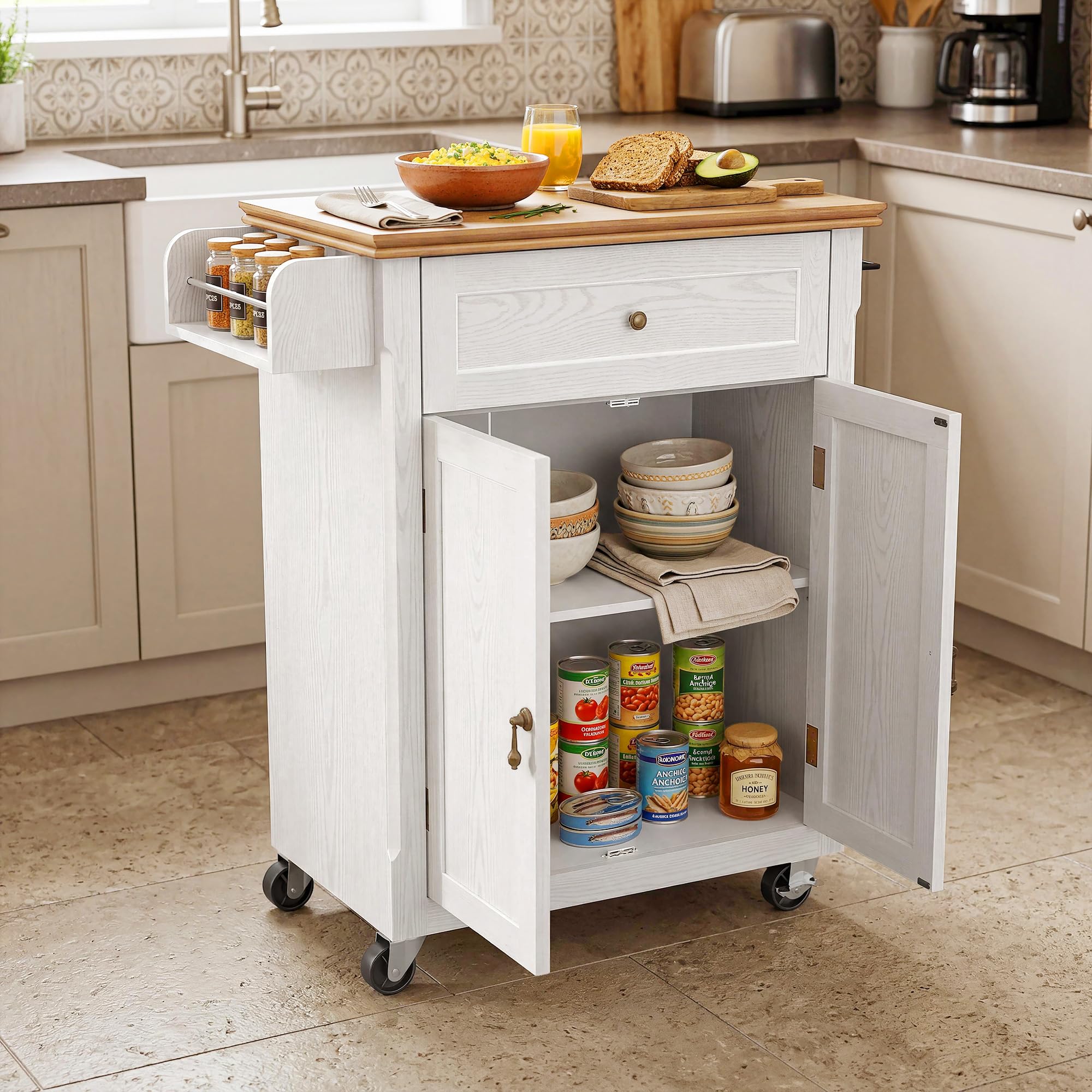 HLR 26'' Small Kitchen Island, Vintage Wood Rolling Kitchen Island Cart with Storage Cabinet and Drawer, Kitchen Cart on Wheels with Spice Rack & Towel Rack for Dining Room, White