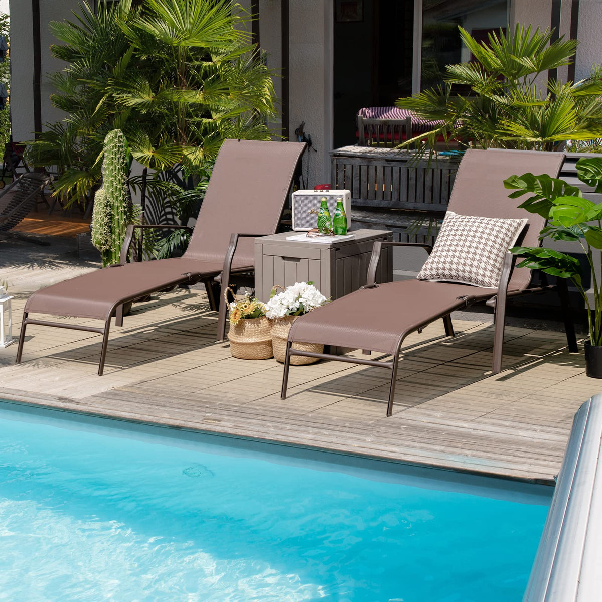 GIANTEX Set of 2 Outdoor Chaise Lounge Chair, Patio Stack-able Folding Lounger with 5-Level Adjustable Backrest, Steel Frame, Outside Recliner for Poolside, Backyard Sunbathing Chair (2, Brown)