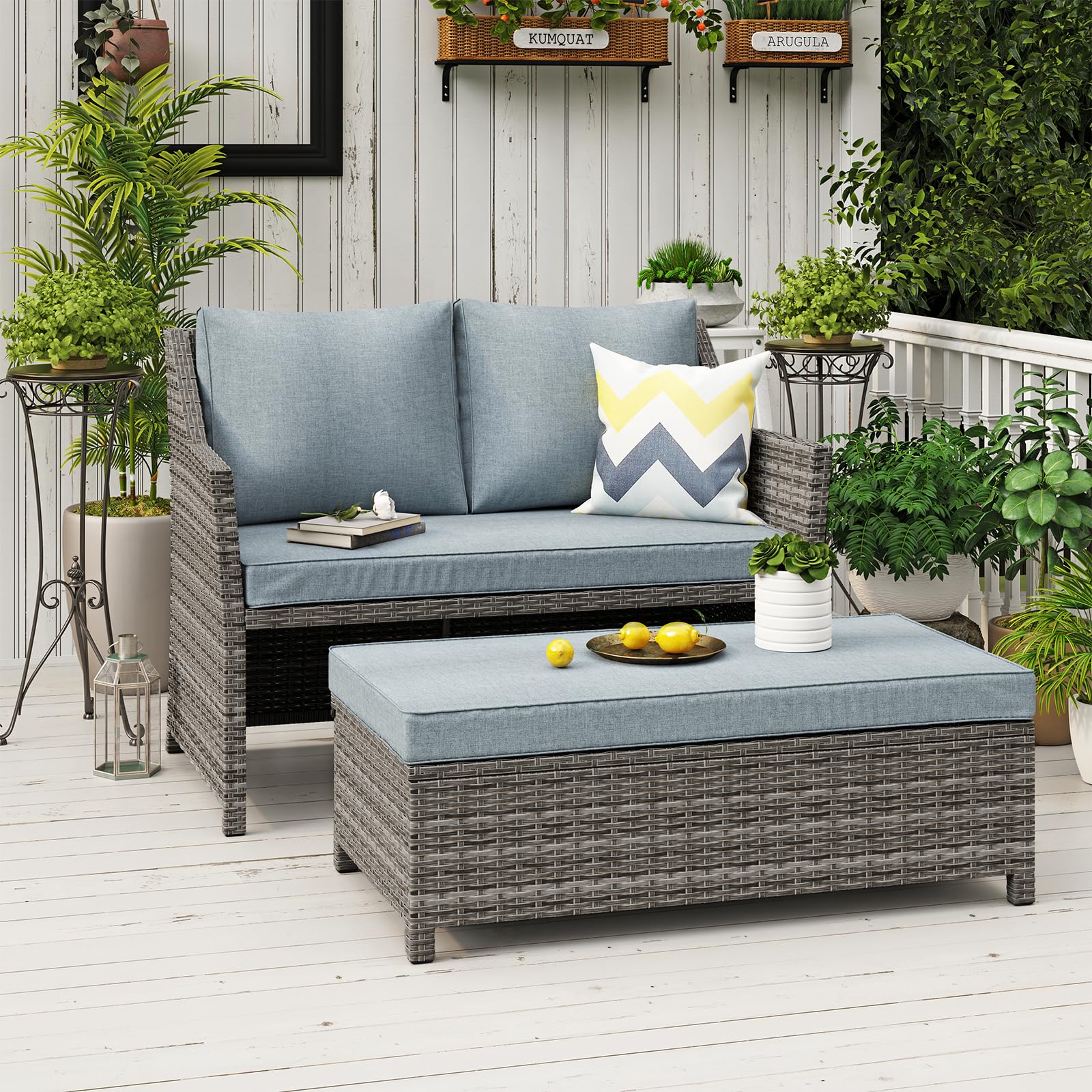 2-Piece Outdoor Wicker Loveseat & Coffee Table Set with Storage