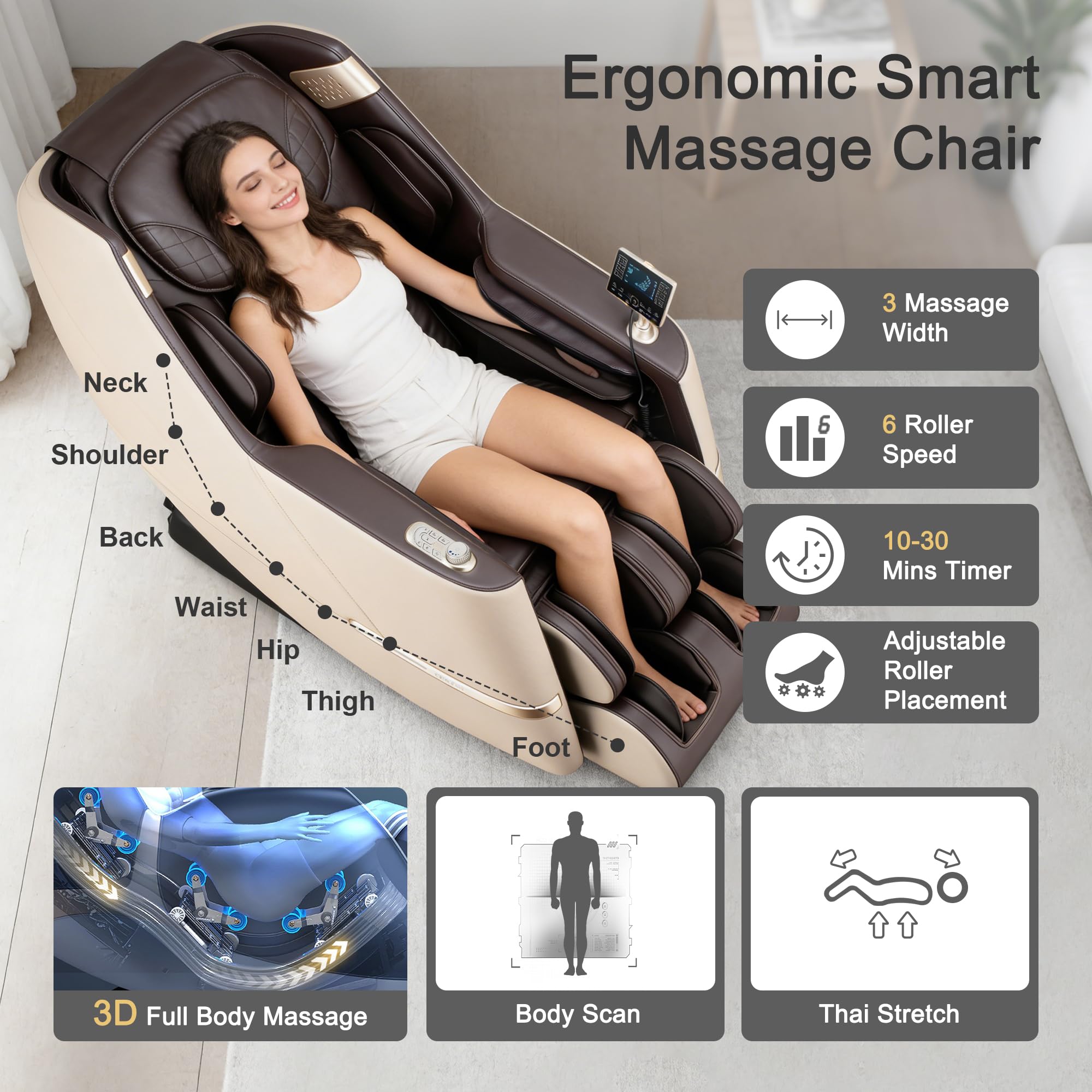 iBooMas Massage Chair, 2026 SL-Track Zero Gravity Shiatsu Massage Chairs Full Body and Recliner, 12+6 Modes, Body Scan, APP, Foot Rollers, Heat Therapy, Airbags, Bluetooth, Thai Stretch (Beige& Brown)