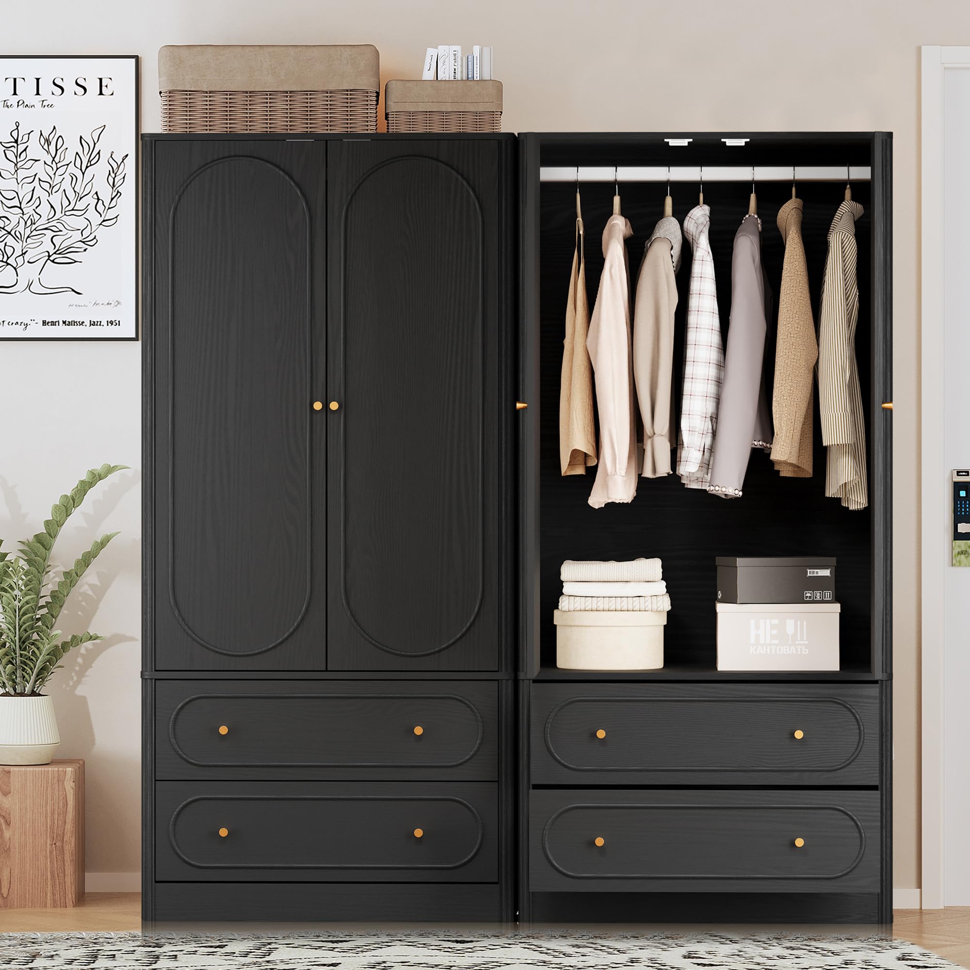 Fluted Freestanding Armoire Wardrobe Closet with 2 Doors and 2 Storage Drawers, Large Capacity Wardrobe Cabinet Set of 2, Wooden Closet for Bedroom, Living Room - Black