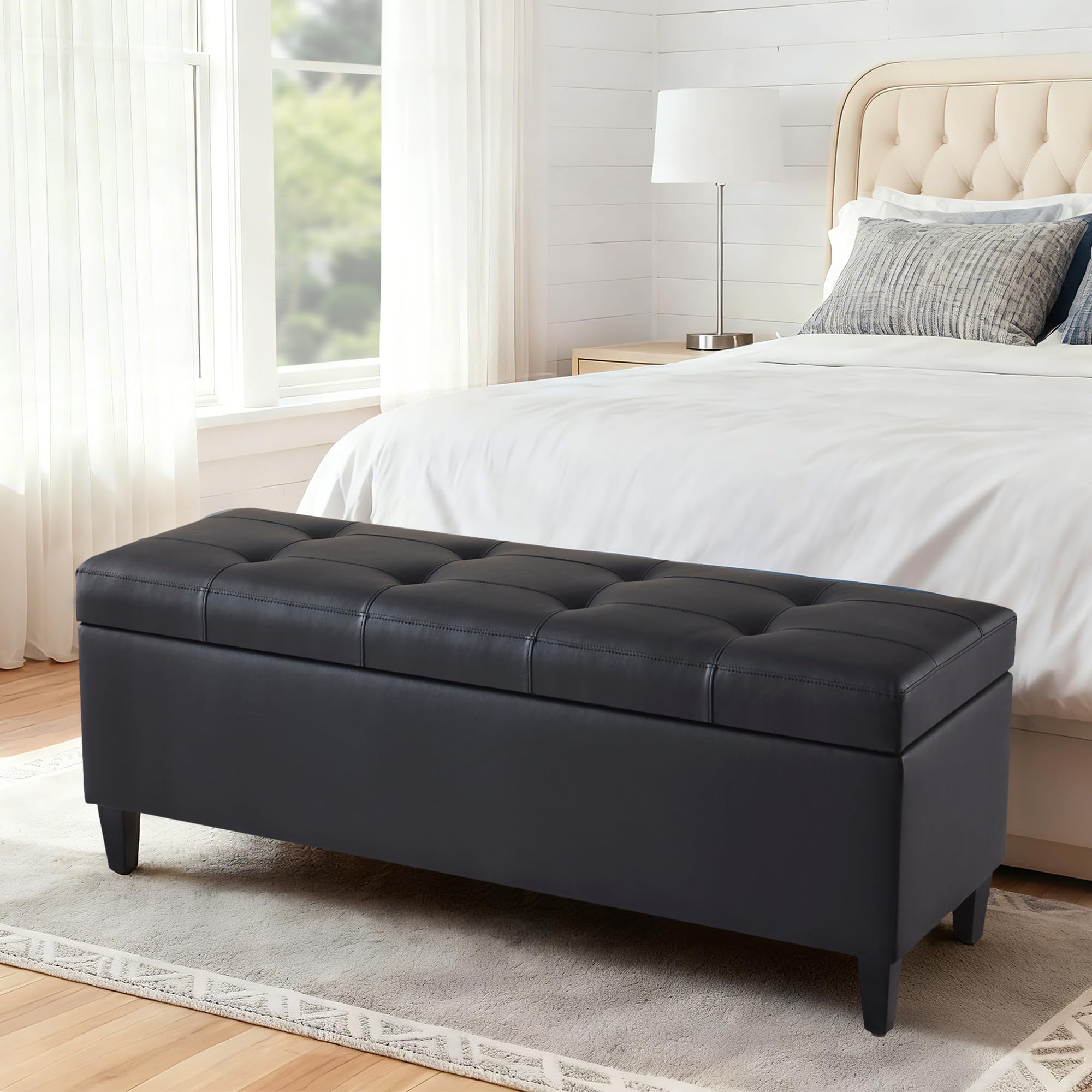 Womina 50.5 Inch Storage Ottoman Bench, Faux Leather Tufted Upholstered Bedroom Bench with Safety Hinges, Supports 300 lbs, Large Storage Bench for Living Room, Entryway (Black)