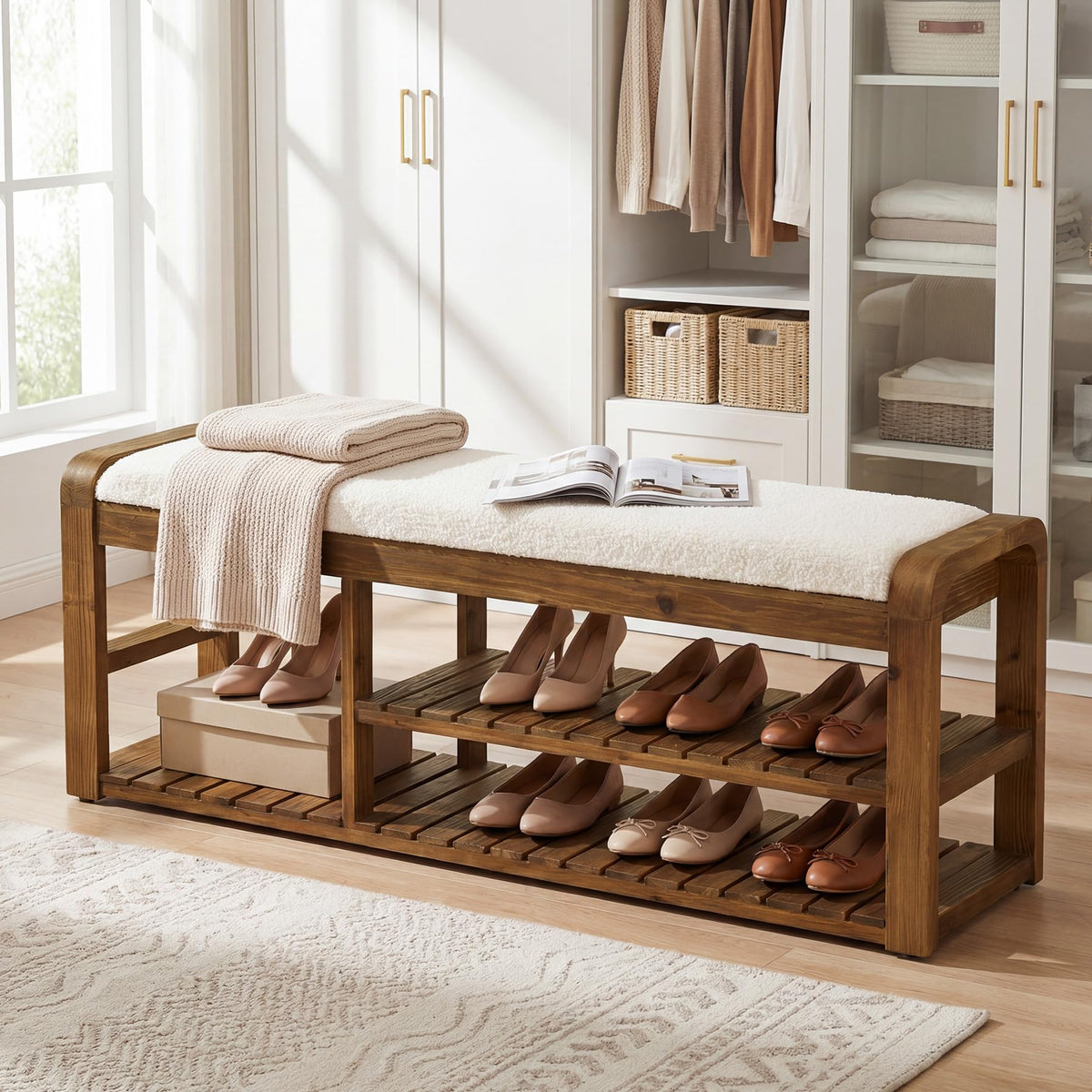 Solid Wood Shoe Storage Bench with Cushion