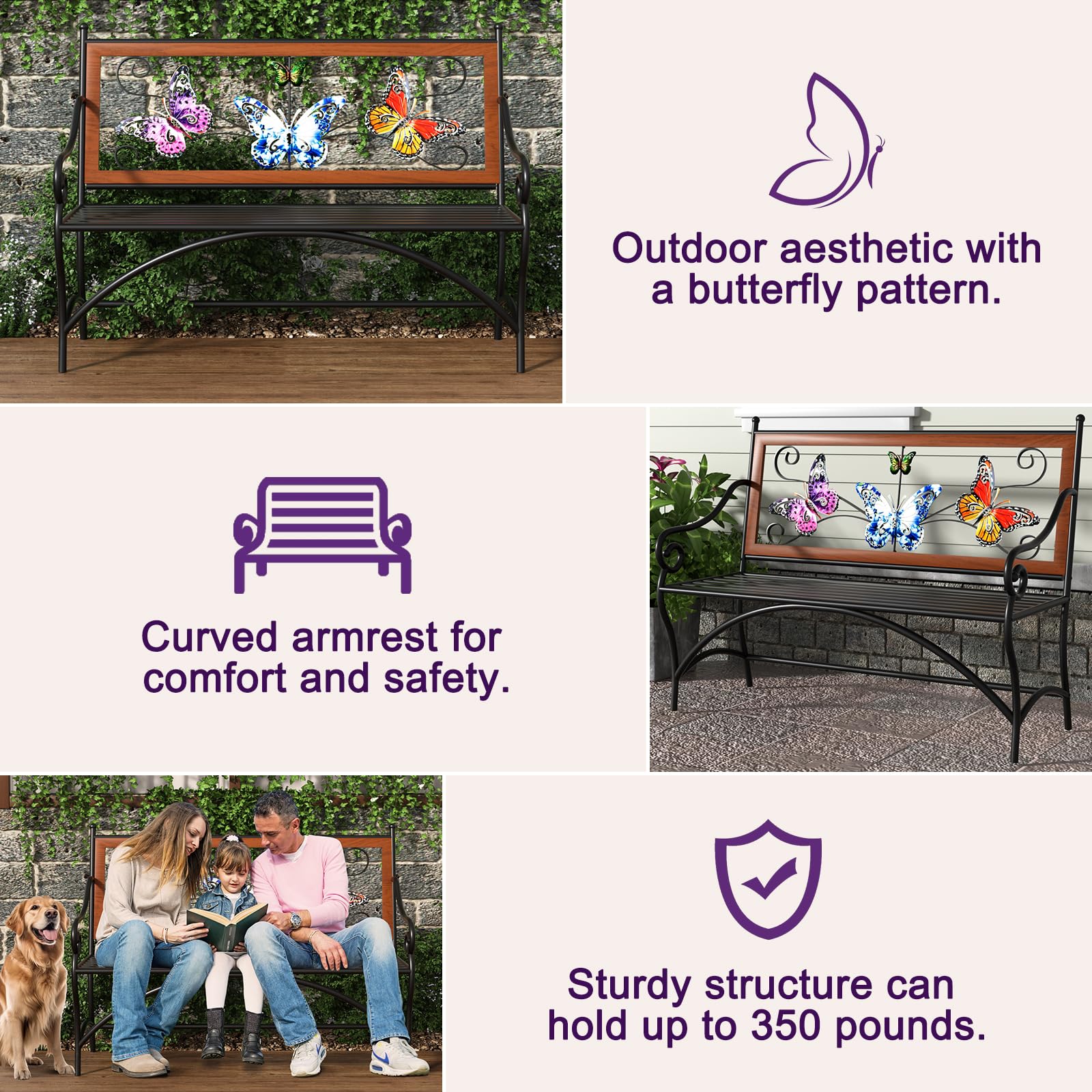 Outdoor Garden Bench with Armrest & Butterfly Backrest