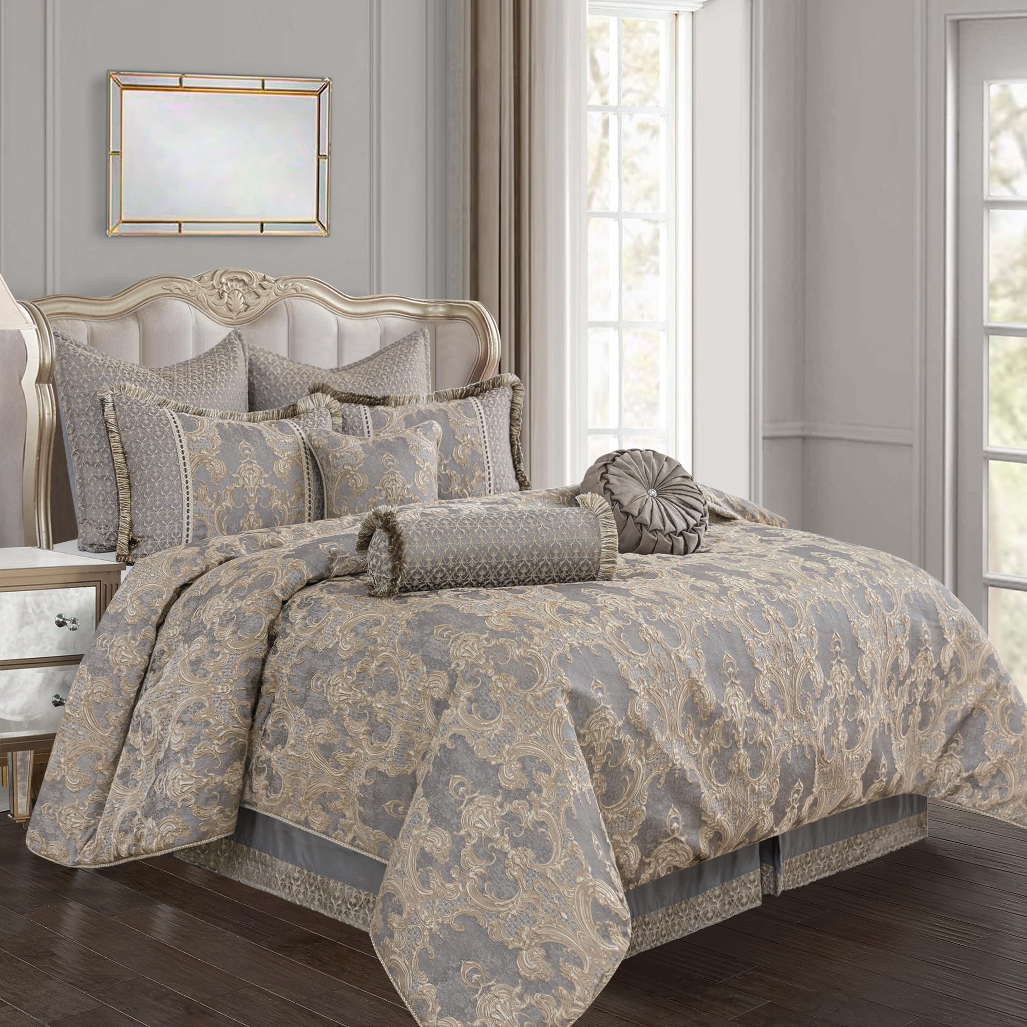 9-Piece Jacquard Comforter Set – Damask, Gray & Beige Brown