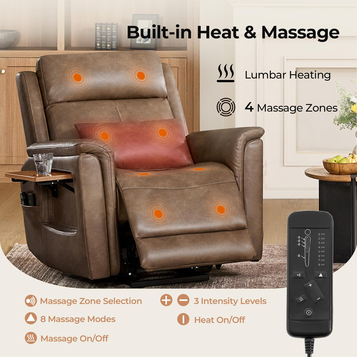 CHITA Leather Power Lift Recliner Chair for Elderly, Heat & Massage, Saddle