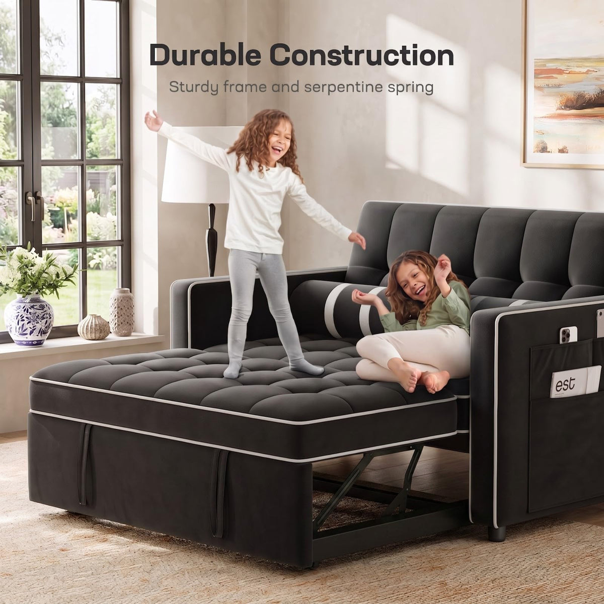 Marsail 3-in-1 Futon Sleeper Sofa Bed, Convertible Pull Out Couch, Black