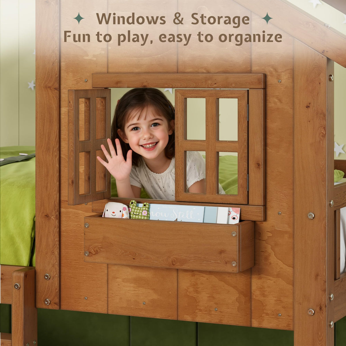Jocisland Twin Over Twin Bunk Bed with Slide and Ladder, Solid Wood, Oak