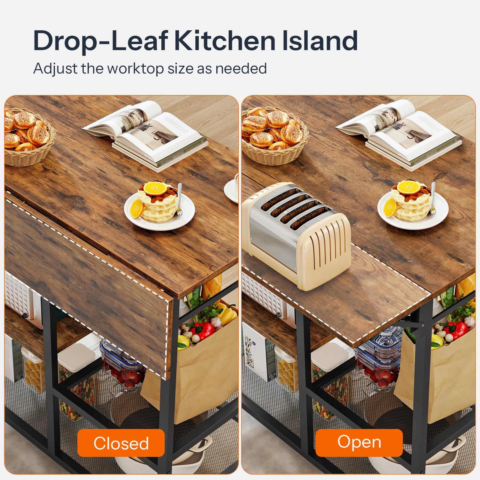 Rolling Kitchen Island with Drop Leaf & Power Outlet