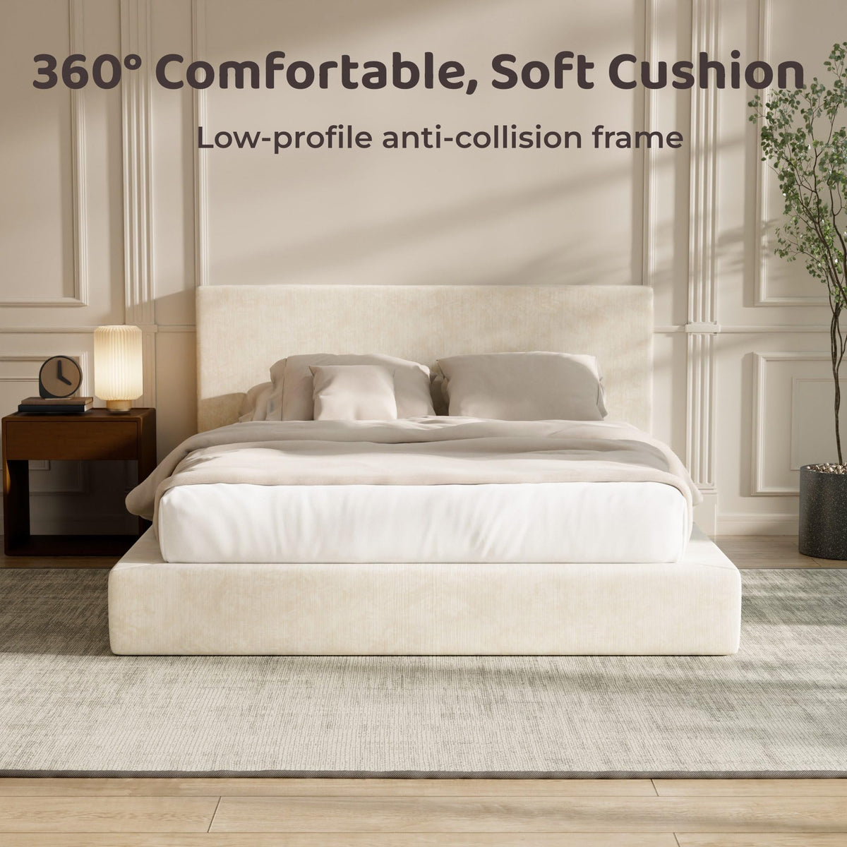 RECCI AirFrame Queen Upholstered Bed Frame with Plush Padded Headboard