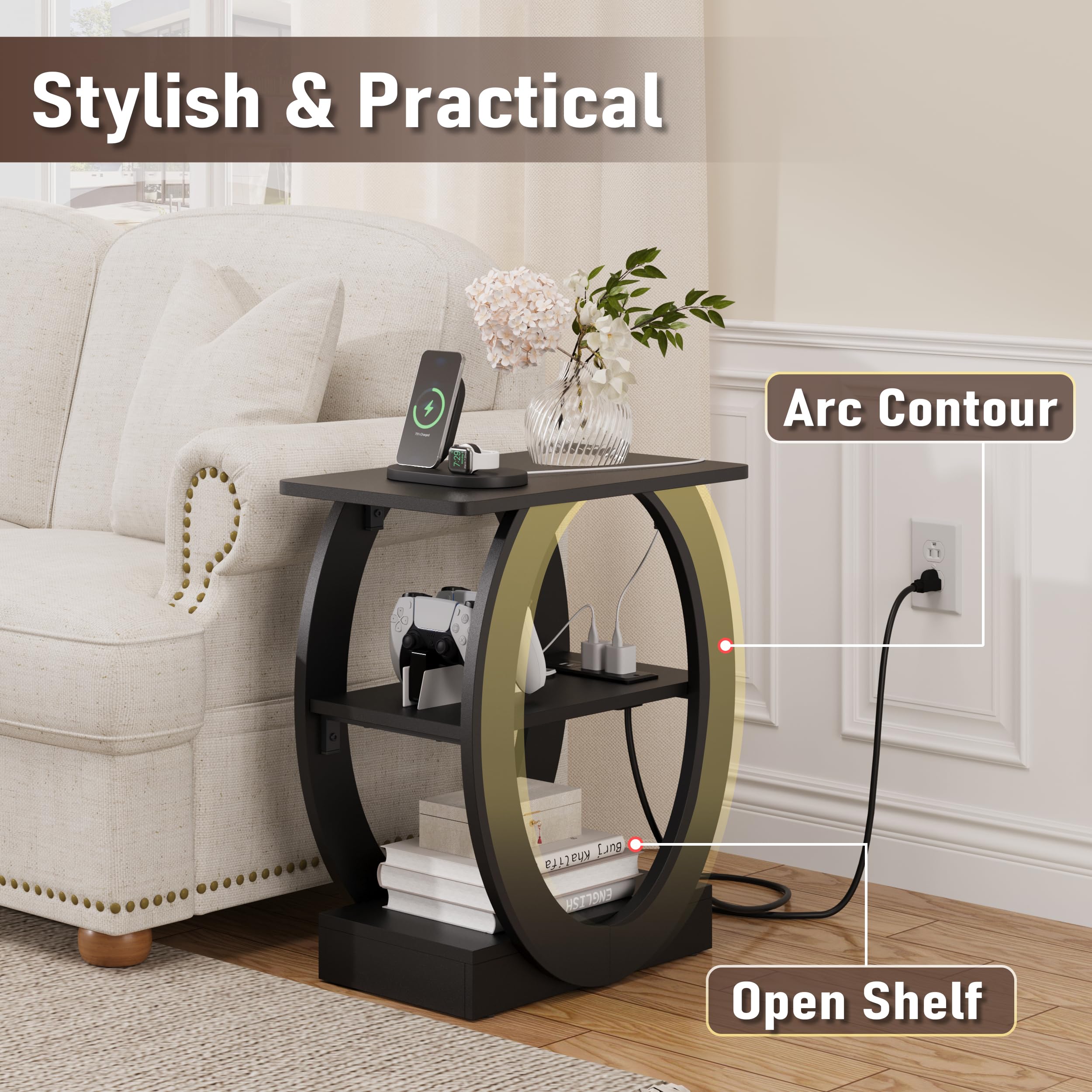 End Table Set of 2 with Charging Station, Black Side Table with USB Ports and Outlets for Living Room, Wood Nightstand with Large Storage Shelf for Bedroom Sofa Couch, Bedside Table Night Stands
