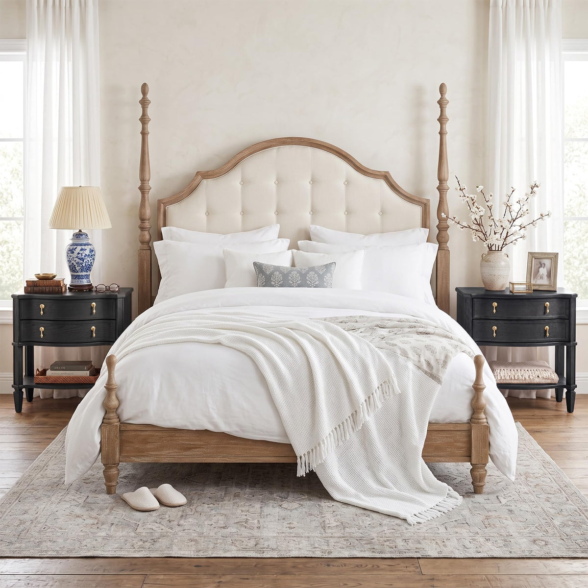 27.5" Wide Extra Large with Nightstand Set of 2 Charging Station & Open Shelf, Pre-Assembled,Vintage Bedside Table w/2 Drawers, Curved Design, Farmhouse End Side Table with Solid Wood Legs for Bedroom
