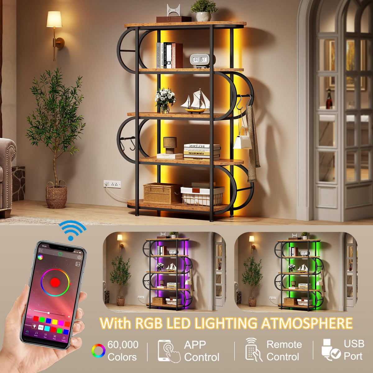 5-Tier LED Bookshelf with Hooks