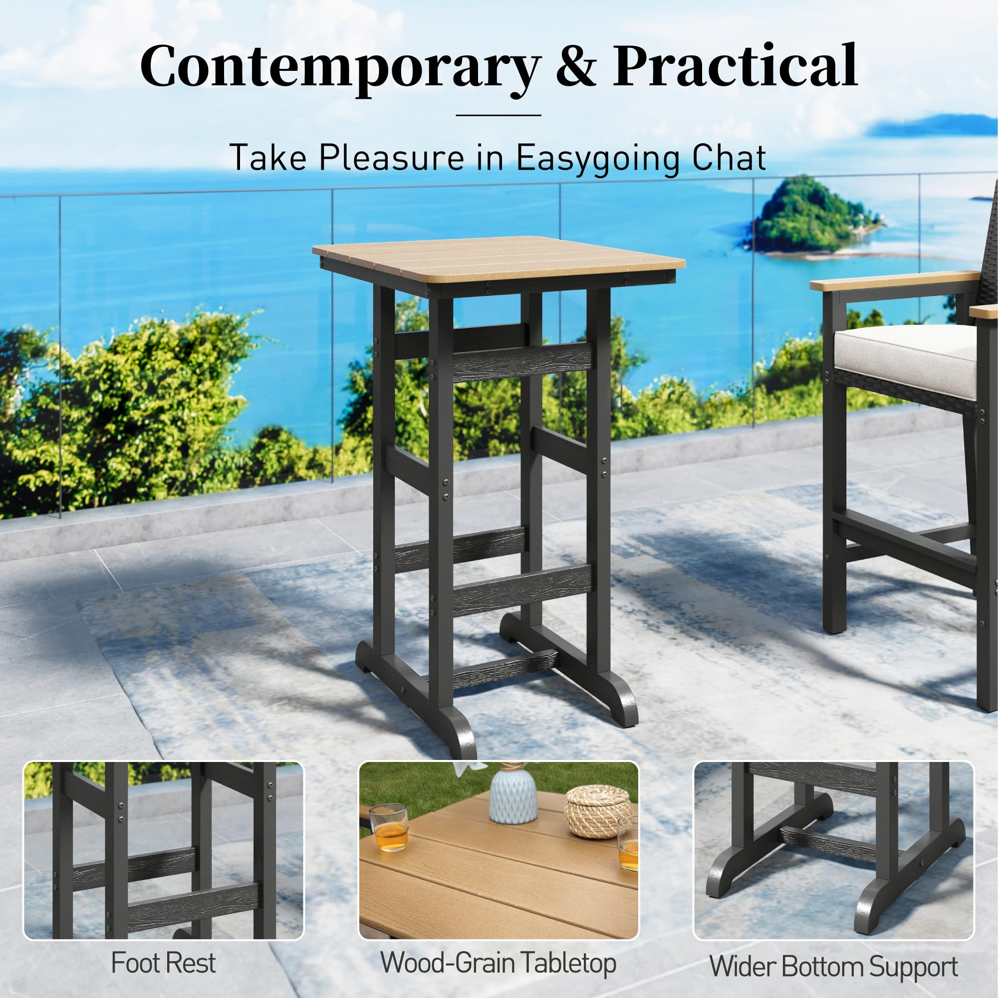 Outdoor Bar Set 3-Piece with High Top Table & Wicker Bar Chairs