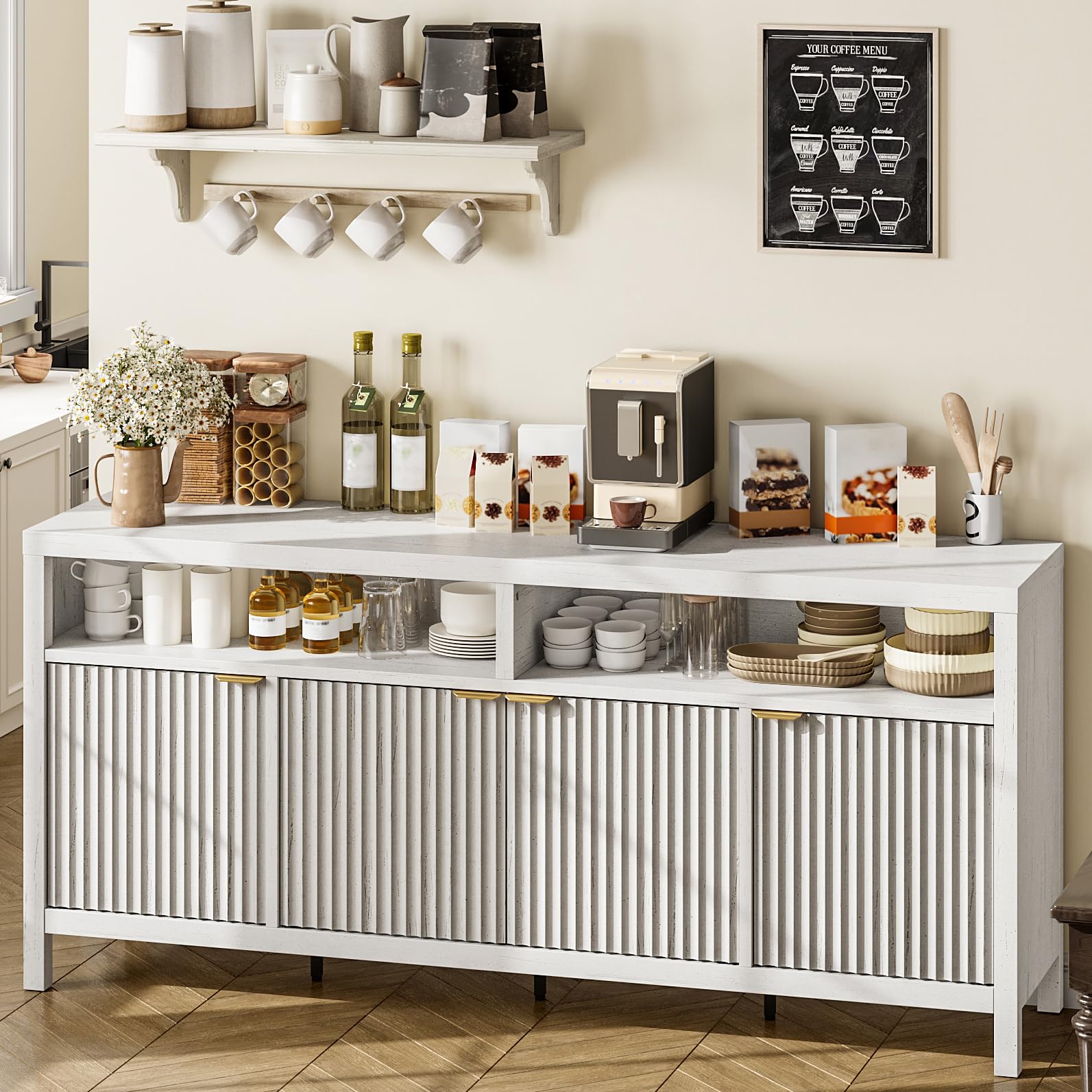 GarveeLife 65 Inch Fluted Sideboard Buffet Cabinet with Storage, Modern Wood Sideboard Cabinet with 4 Doors, Buffets & Sideboards for Kitchen,Dining Room,Living Room,Hallway,White