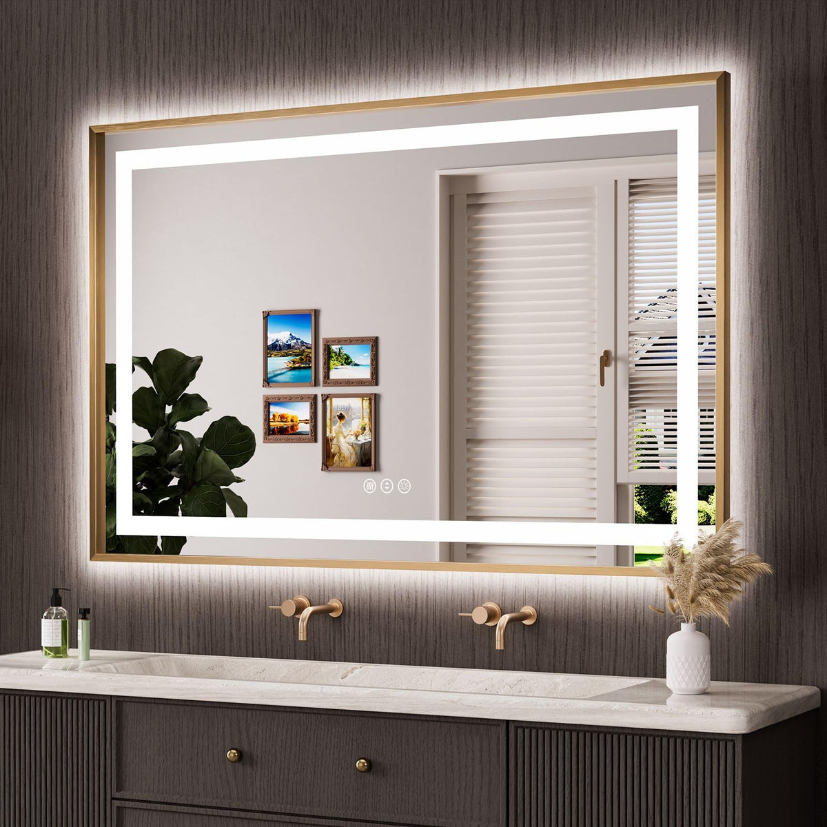 Amorho 55"X36" LED Bathroom Mirror with Front Lit and Backlit(Brushed Gold)