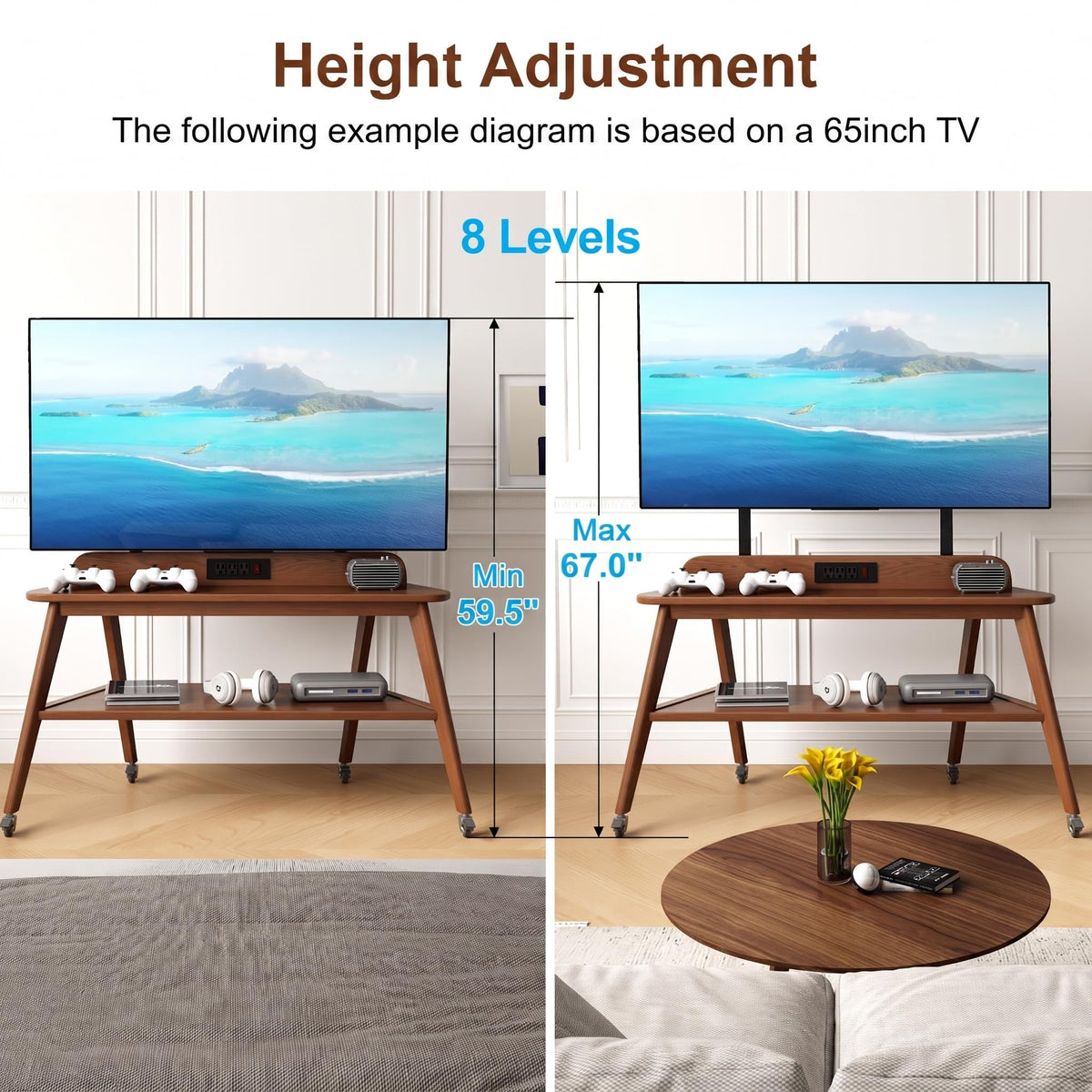 Solid Wood Rolling TV Stand