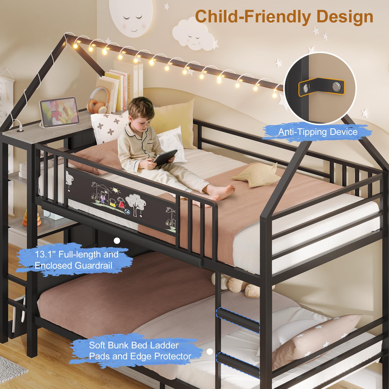 House Shaped Twin Over Twin Bunk Bed with Storage & Lights