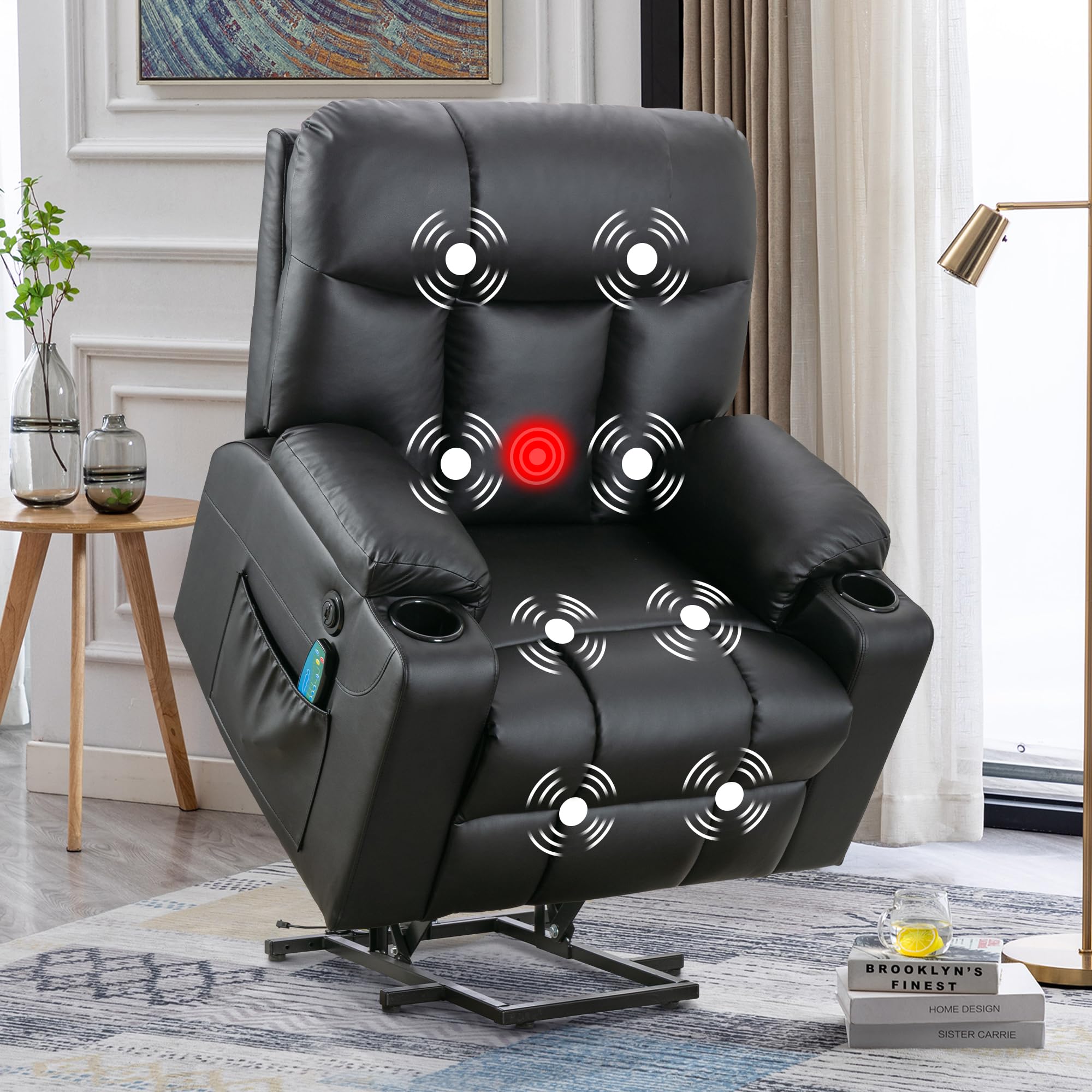 Bonzy Home Extra Wide Lift Chair with Heat and Massage, Faux Leather Power Lift Recliner Massage Chair for Adults Elderly, Upholstered Recliner with 2 Cup Holders, Side Pocket