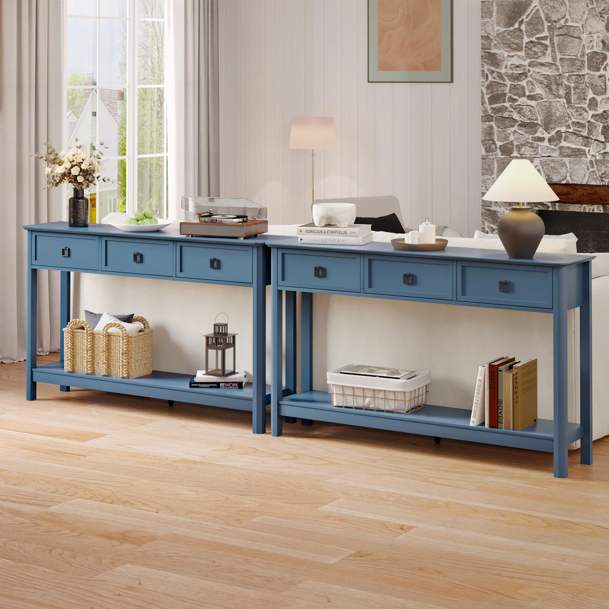 Blue Console Table with 3 Drawers