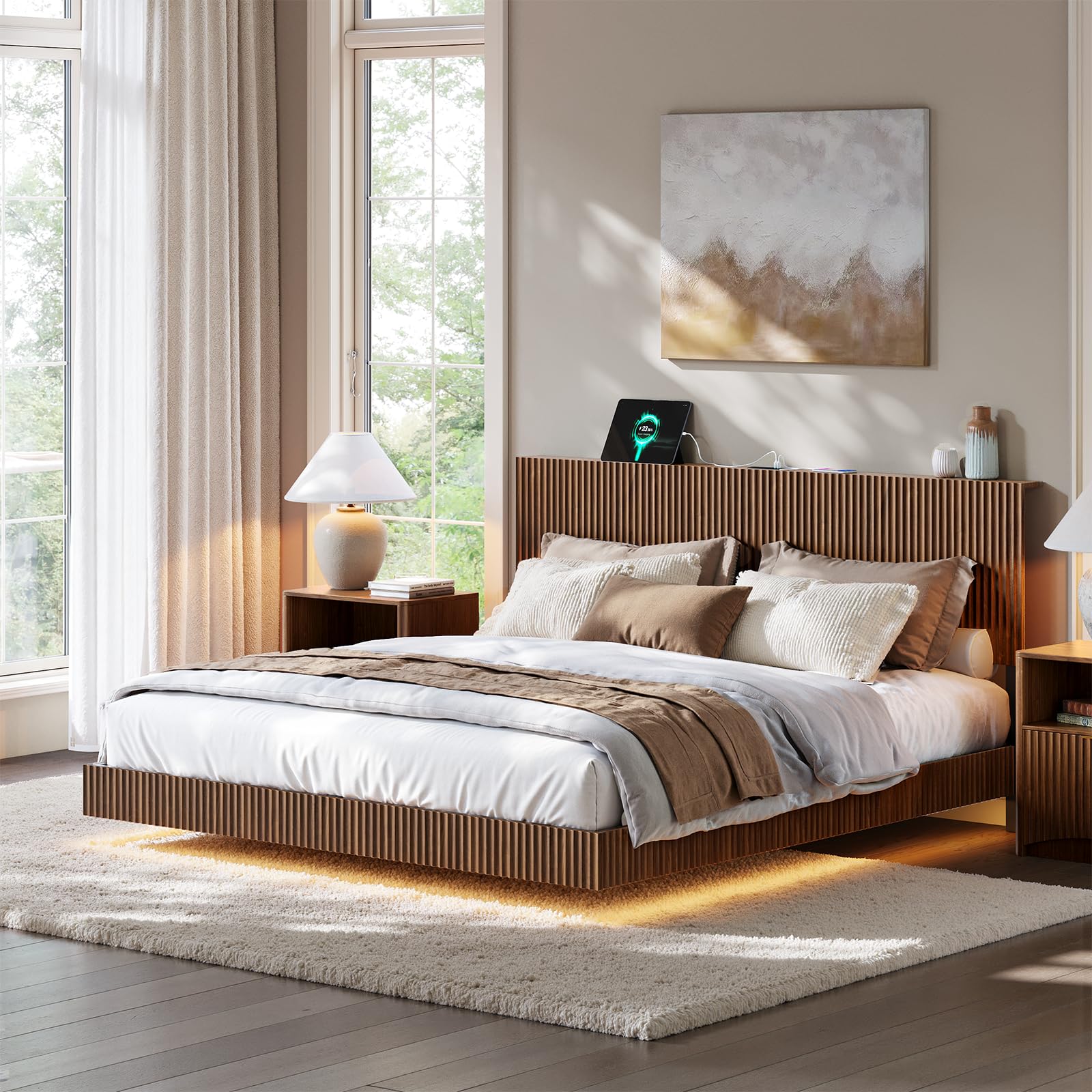 Floating Bed Frame with LED Lights & Charging Station