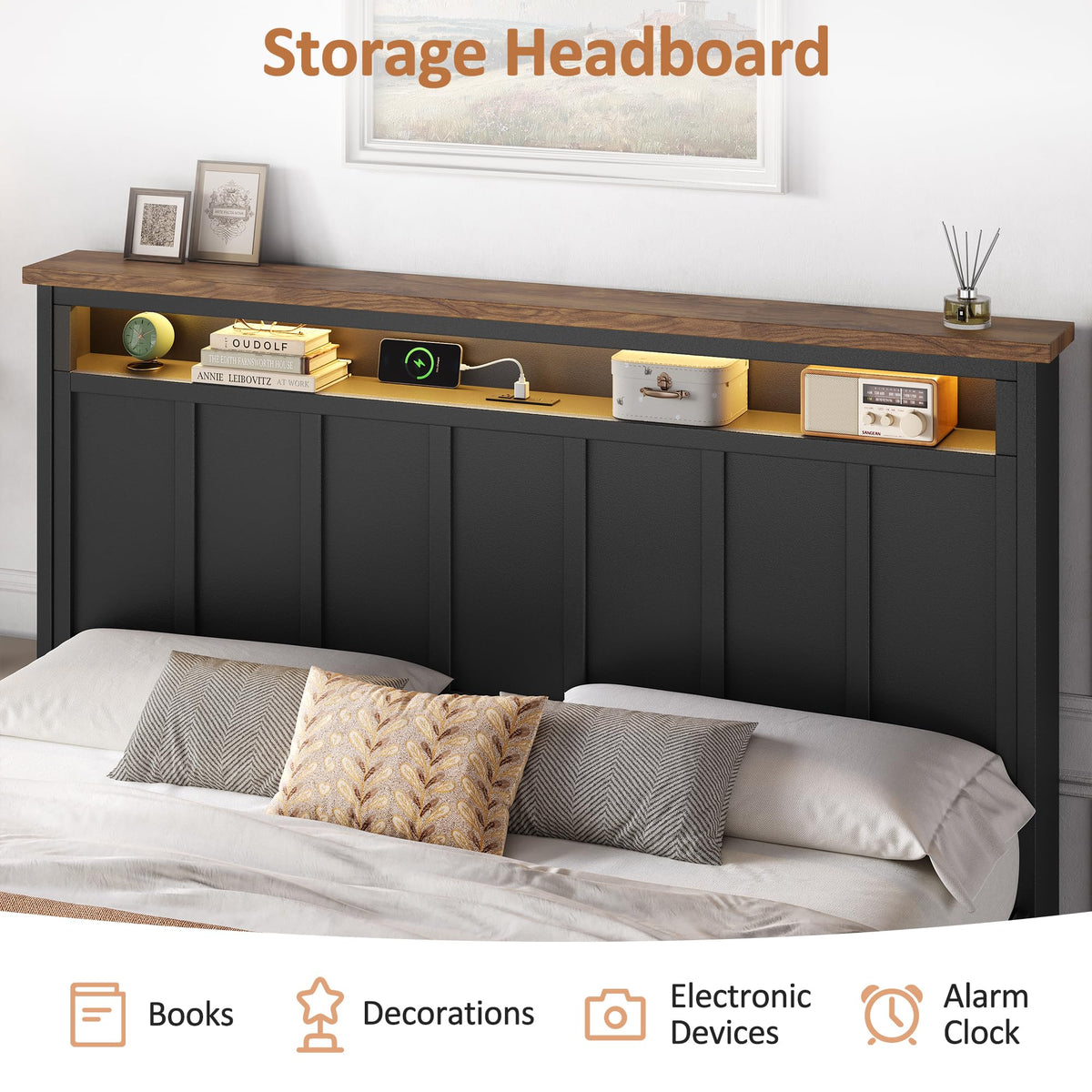 Glirun Queen Bed Frame with 2-Tier Storage Headboard, Black