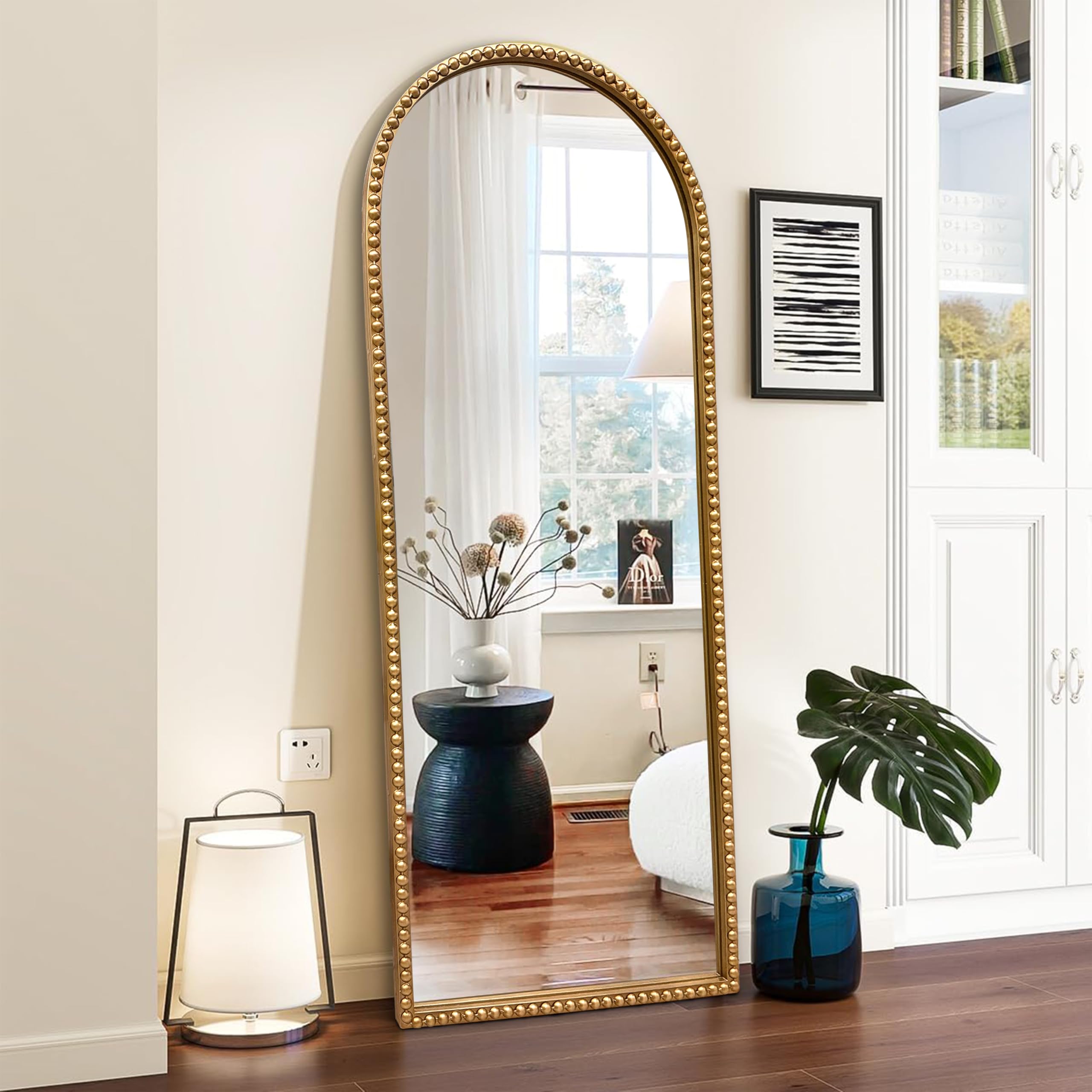 Gold Arch Full Length Wall Mirror with Antique Beaded Frame