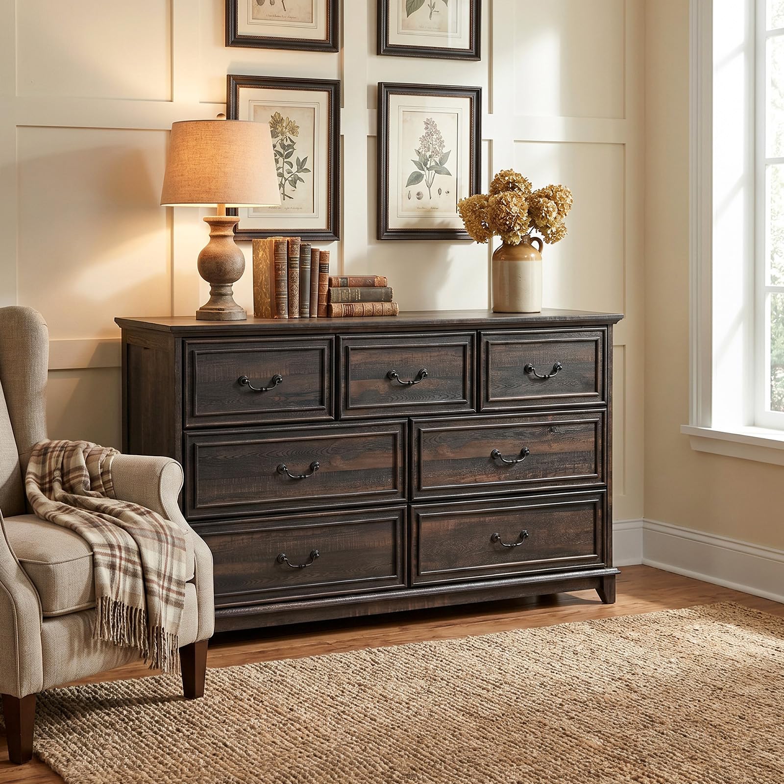 Farmhouse 7 Drawer Dresser in Black, Wide Chest with Rustic Wood Top, Large Storage Organizer for Bedroom, Living Room, Hallway, or Nursery, Sturdy Black Hardware, Modern Rustic Furniture Accent