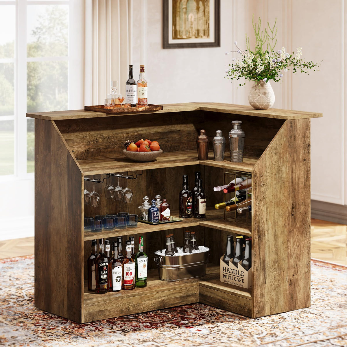 Rustic L-Shaped Bar Cabinet