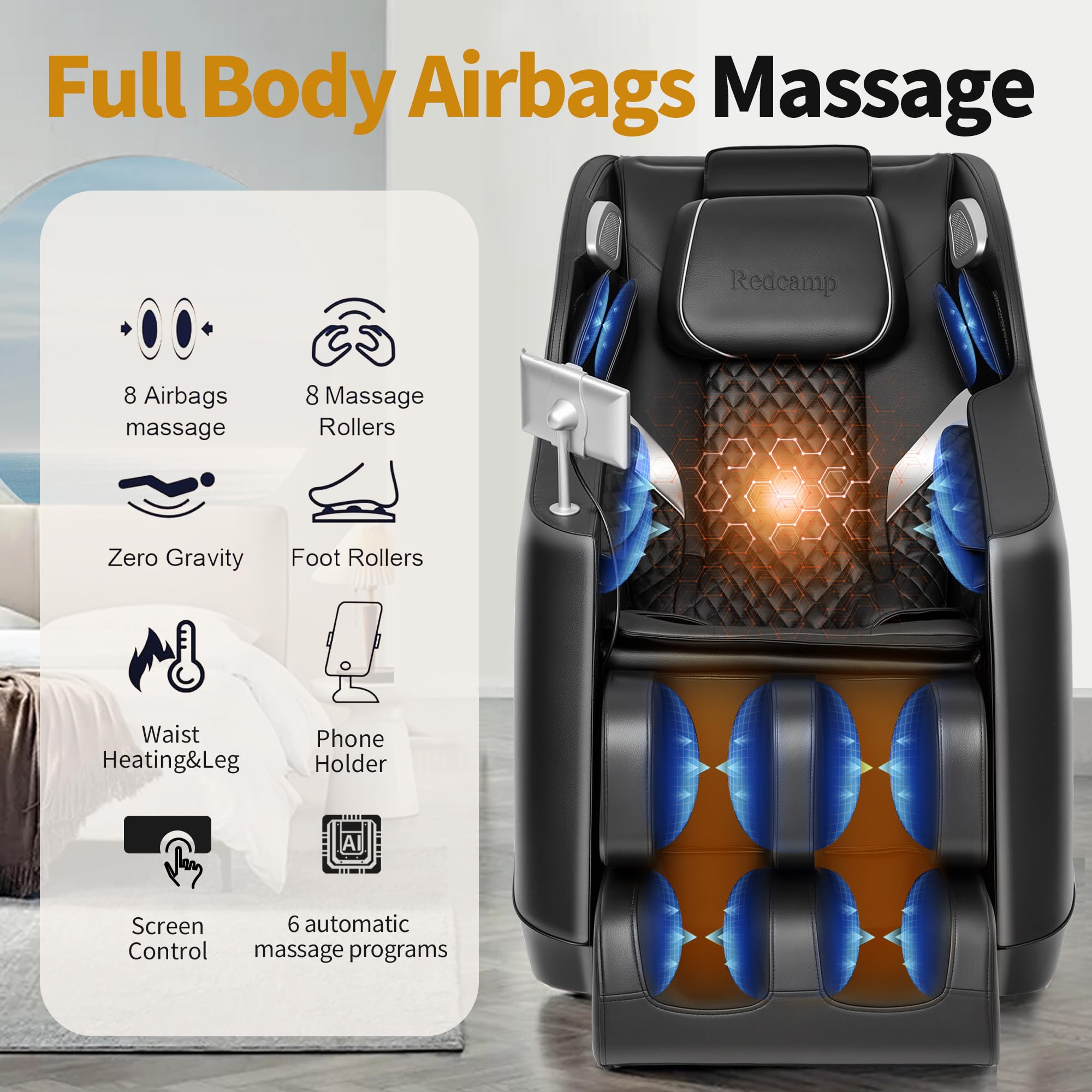 Massage Chair Full Body, Fully Assembled: with 8-Point Fixed Nodes, Zero Gravity, Waist & Leg Heating, Airbag Massage, Bluetooth Music, LED Remote, Foot Rollers, Auto Programs, Adjustable Calf