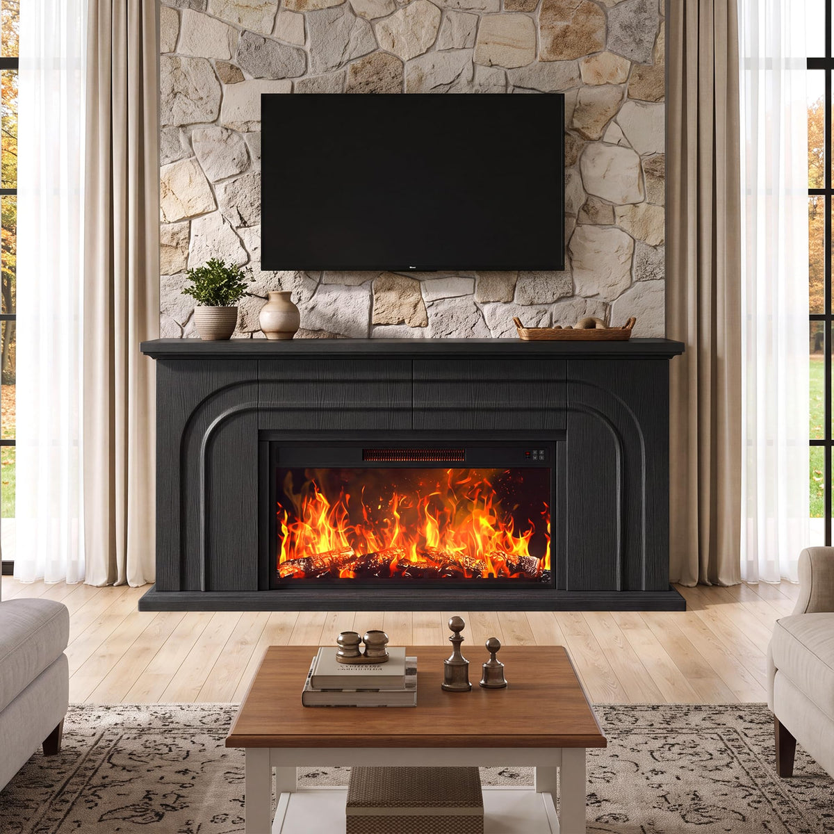 MapleGrace 70" Farmhouse Fireplace TV Stand with 36" Fireplace, Black