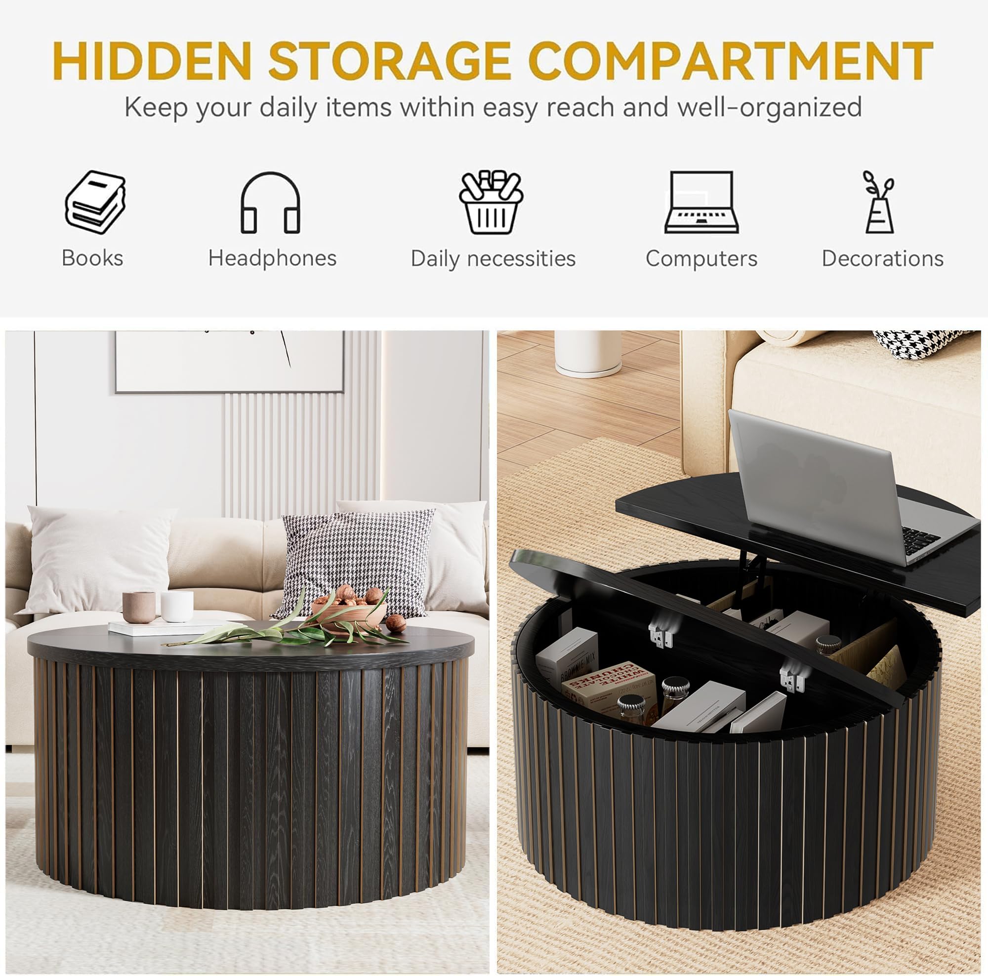 Limaoaio Fluted Lift Top Coffee Table with Storage, 31.5'' Farmhouse Round Coffee Tables for Living Room, Modern Wood Center Tables with Hidden Compartment for Home, Office (Black)