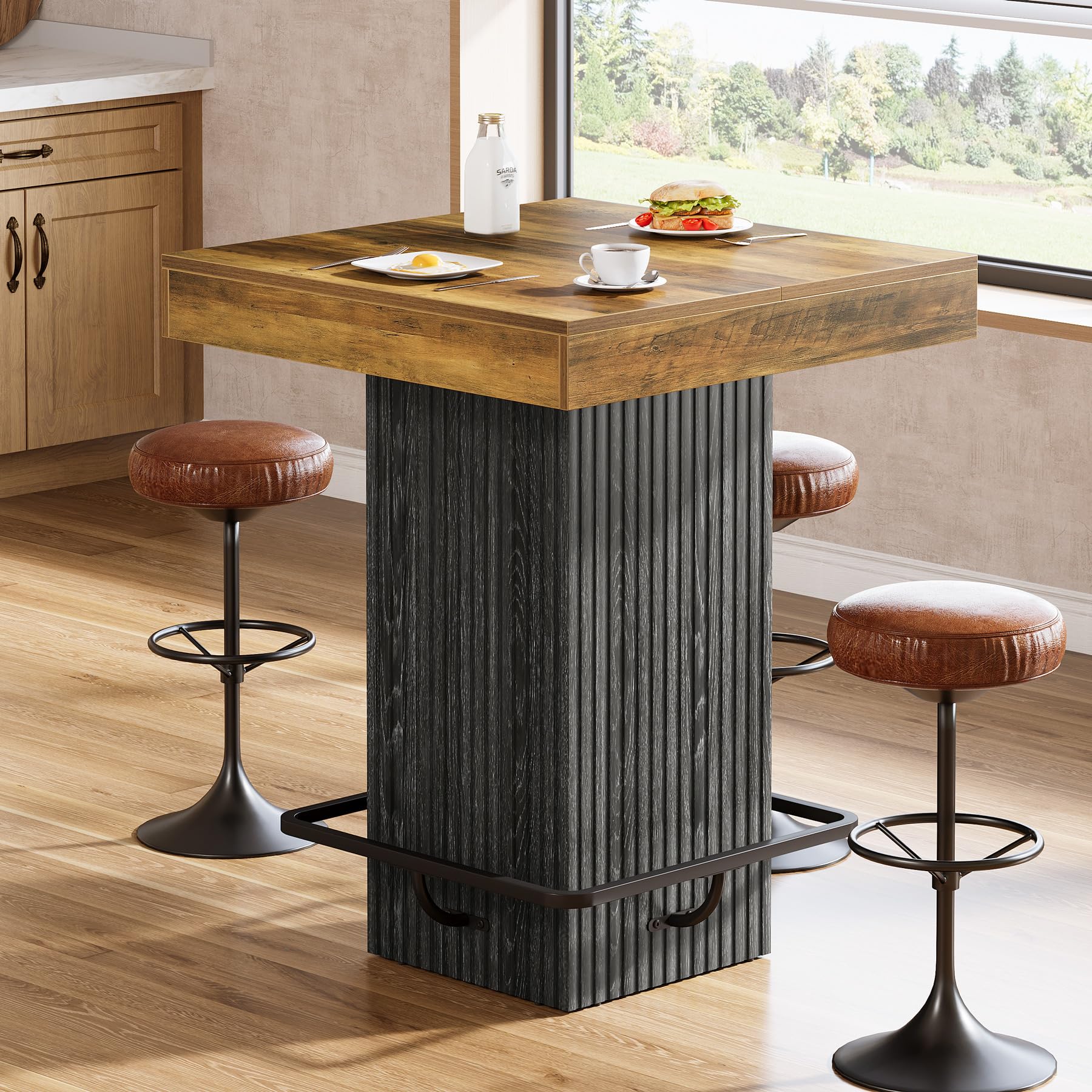 Tribesigns Square Bar Table, Kitchen Dining Table, Industrial Counter Height Pub Cocktail Table Home Bar Unit with Metal Footrest for Dining Room, Tavern, Coffee Corner, Bistro, Rustic Brown