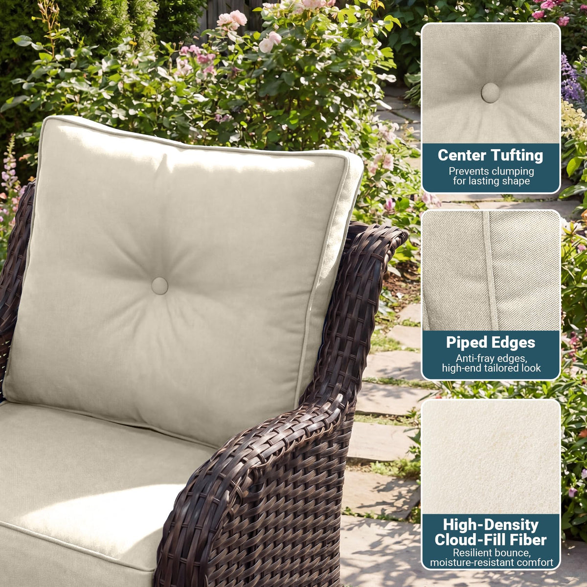 ADRERIC 3-Piece Patio Furniture Set with 6" Ultra-Thick Cushions, Swivel Rocker Chairs with Side Table, All-Weather Round Wicker Conversation Set & Bistro Set for Porch Sunroom Deck, Beige