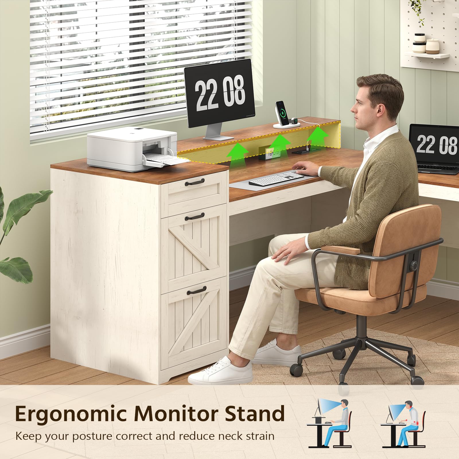 Farmhouse L-Shaped Desk with Drawers, Storage & Power Outlet