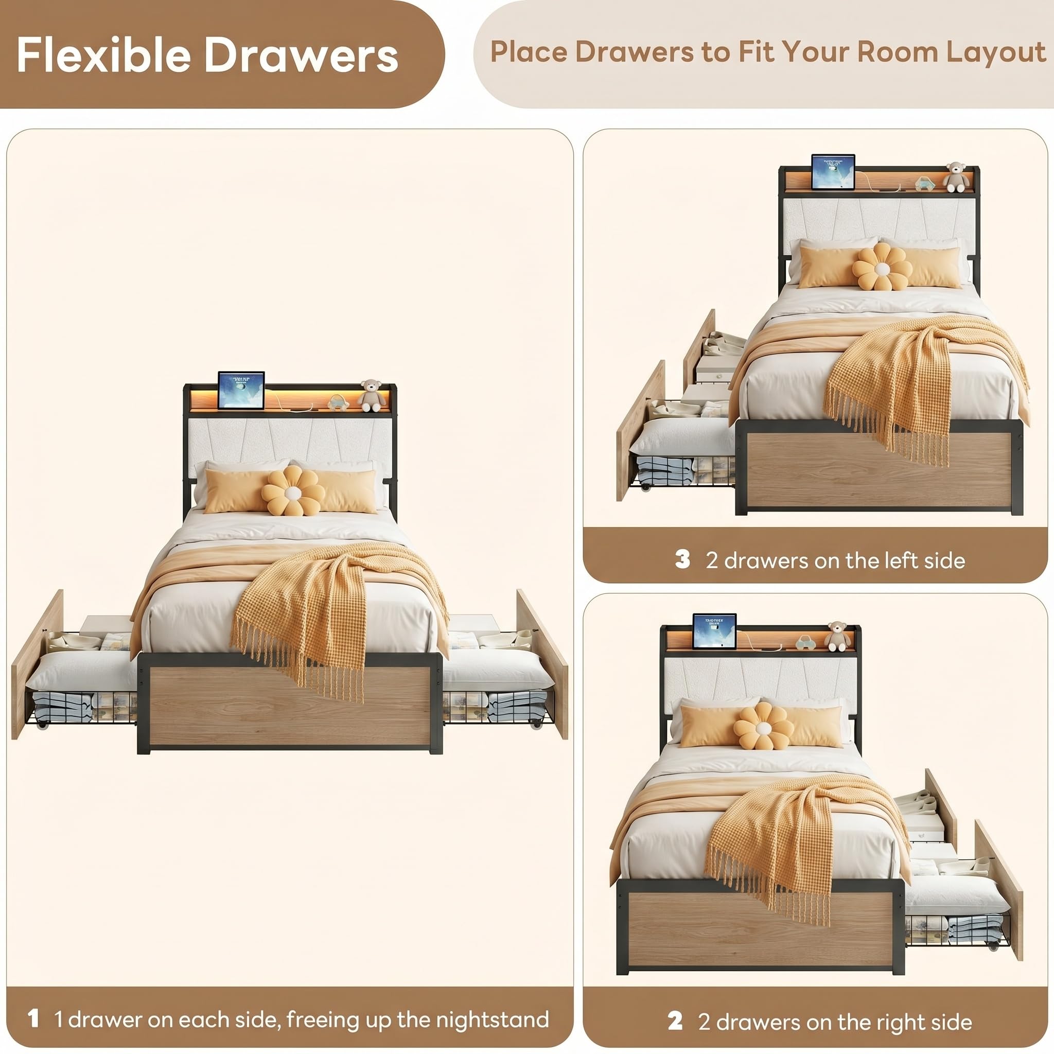 Twin / Twin XL Bed Frame with Storage Drawers, LED Lights & Charging Station