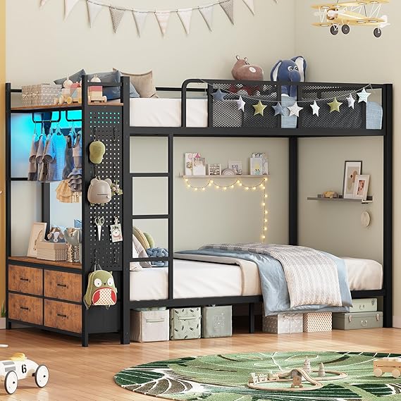 Metal Bunk Bed with Storage Drawers, LED Lights & Hall Tree